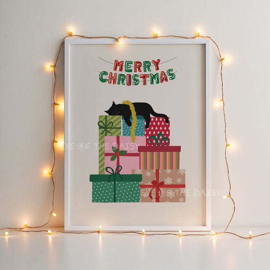 Sleeping Black Cat Print Digital Download | Cute Whimsical Christmas Printable Wall Art