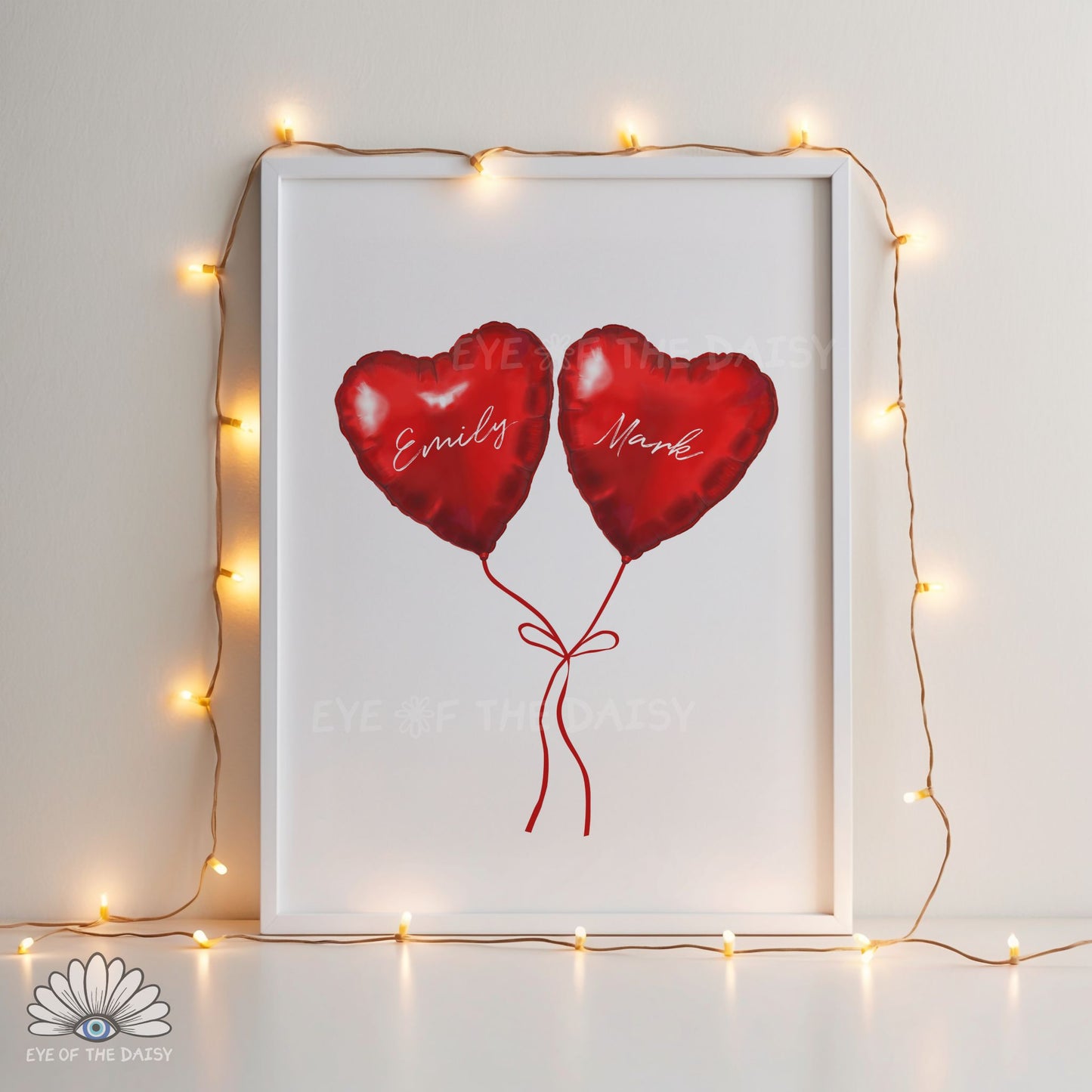 Hand-drawn red heart balloons, custom couples name artwork, modern romantic printable wall art