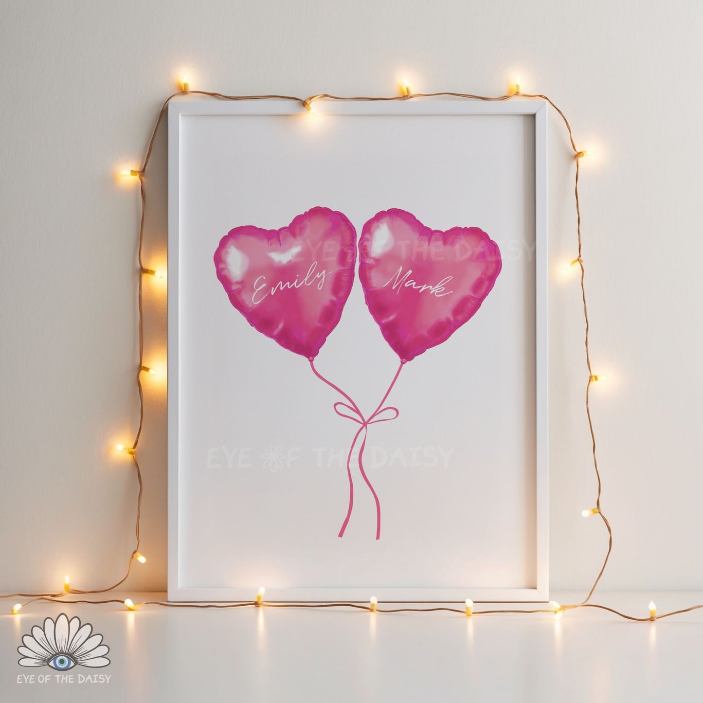 Pink heart balloons printable poster, personalized, cute and contemporary wall art for couples’ bedrooms or dorms