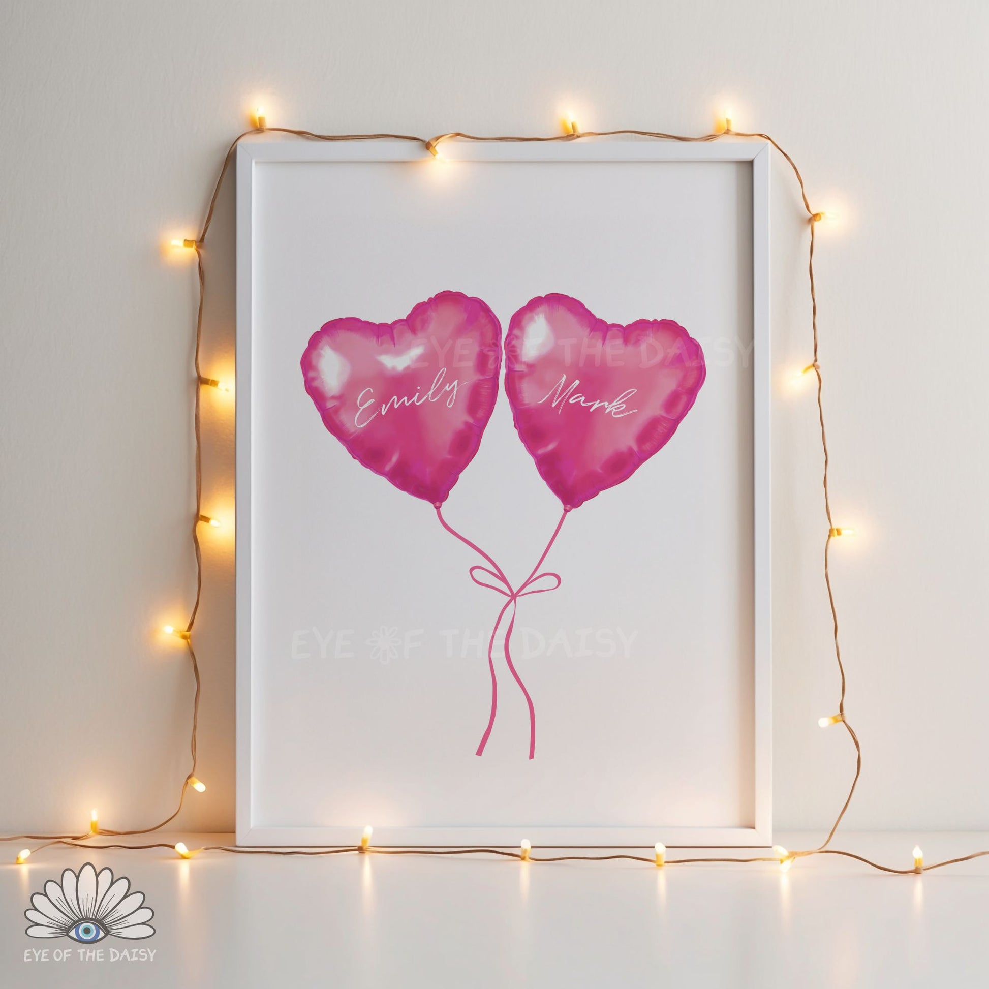 Pink heart balloons printable poster, personalized, cute and contemporary wall art for couples’ bedrooms or dorms