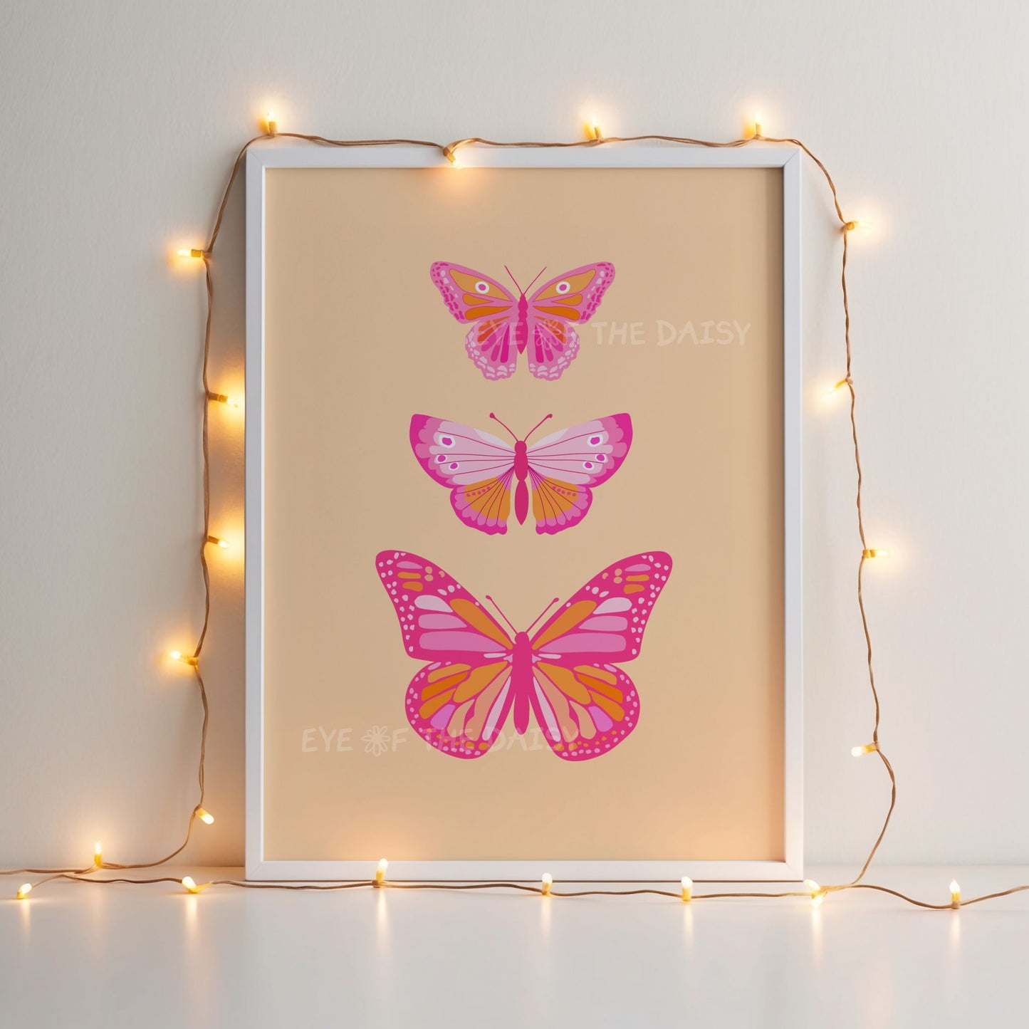 Bright orange and pink butterfly print, retro boho digital download for toddler girl or teen girl bedroom wall decor