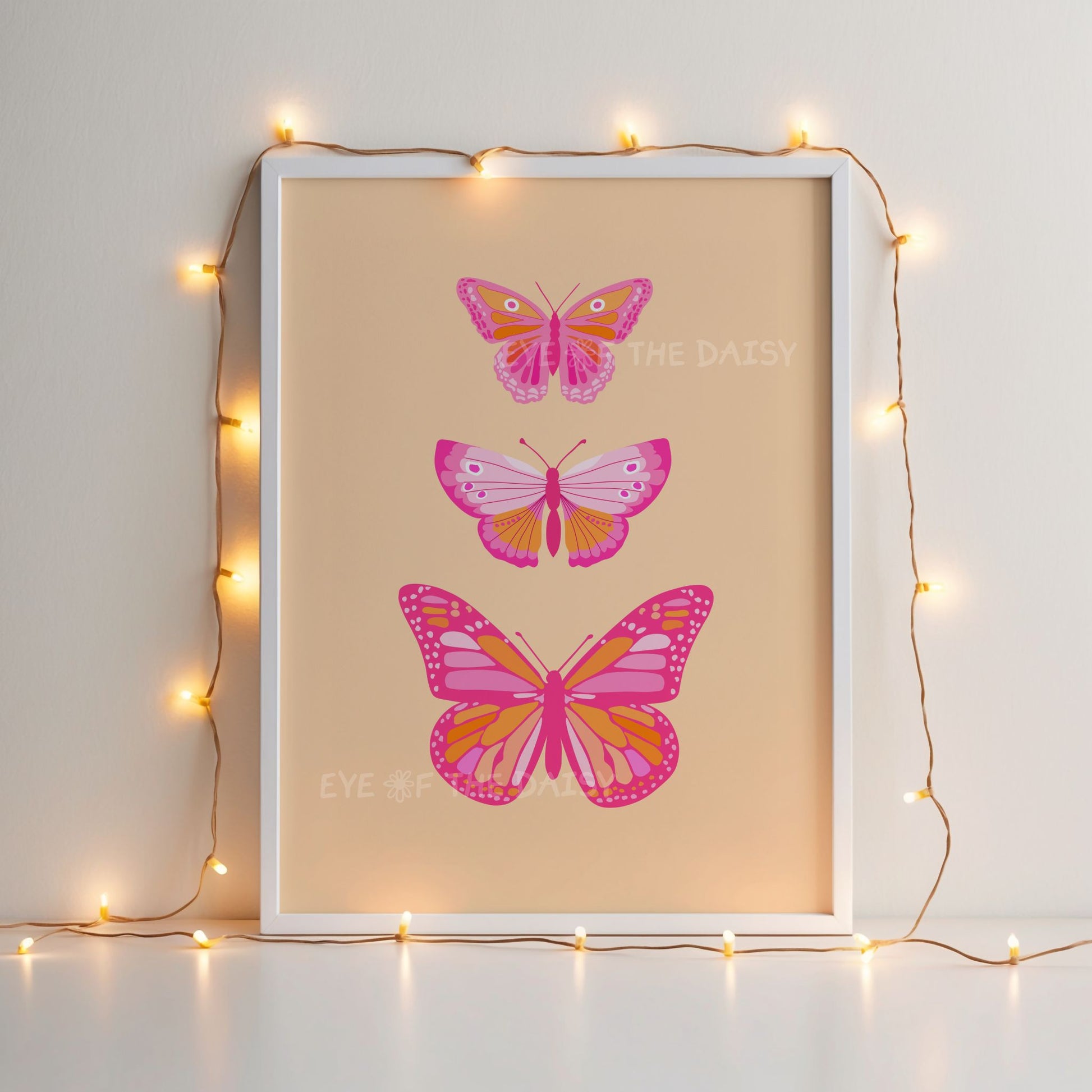 Bright orange and pink butterfly print, retro boho digital download for toddler girl or teen girl bedroom wall decor