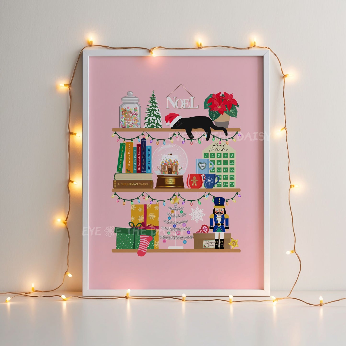 Pink Holiday Shelves Print Digital Download | Christmas Bookshelf Printable Wall Art