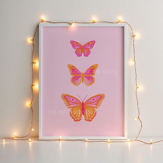 Retro butterfly printable wall art in bright pink and orange, digital poster for girly boho nursery or toddler room gallery wall