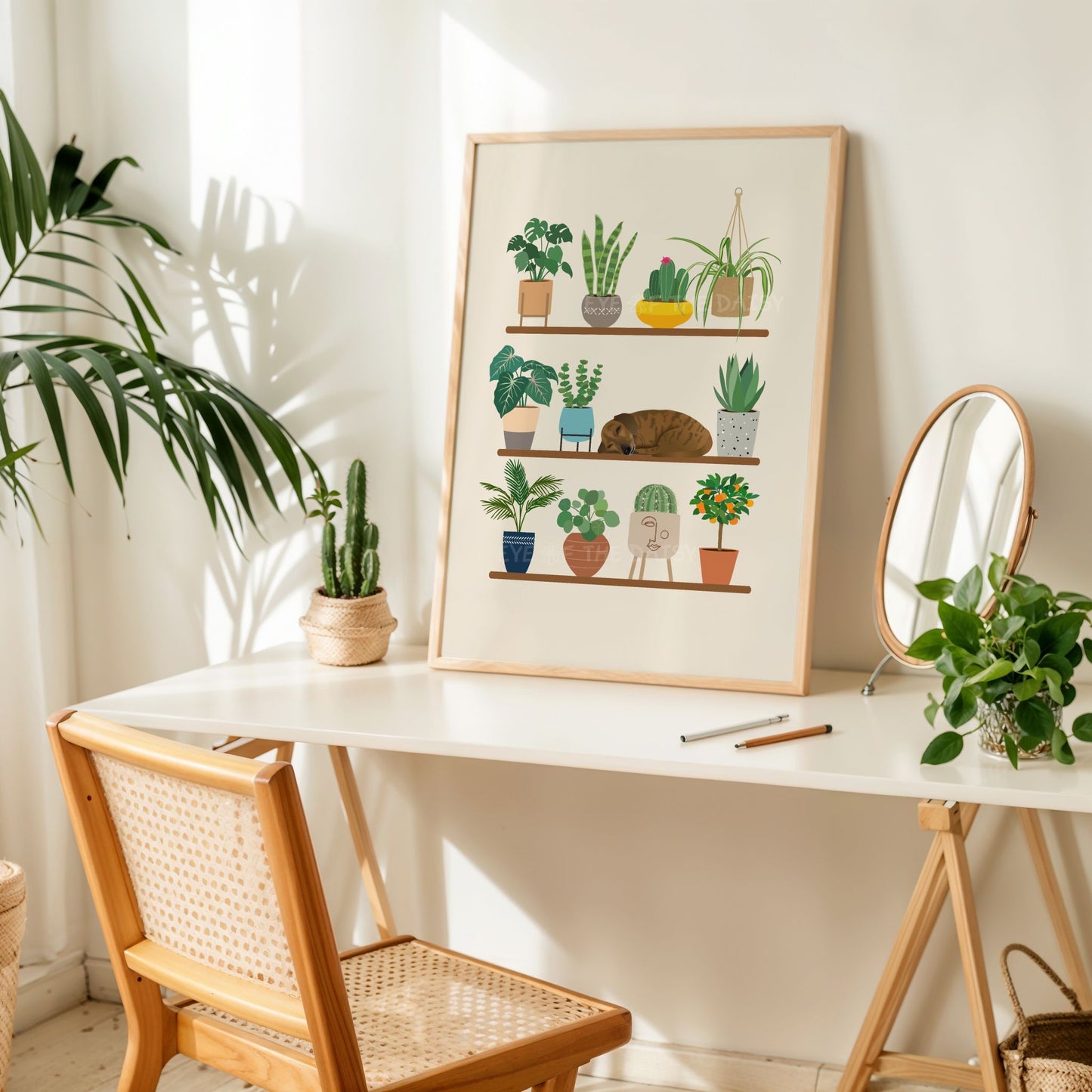 Printable Dachshund dog and plant artwork – whimsical poster download, perfect for a creative home office or desk wall