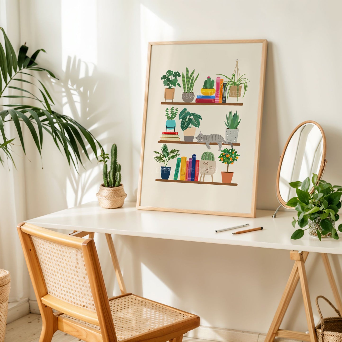 Whimsical cat and books on shelves print – tabby cat digital download with houseplants, fun art poster for desk or home office wall