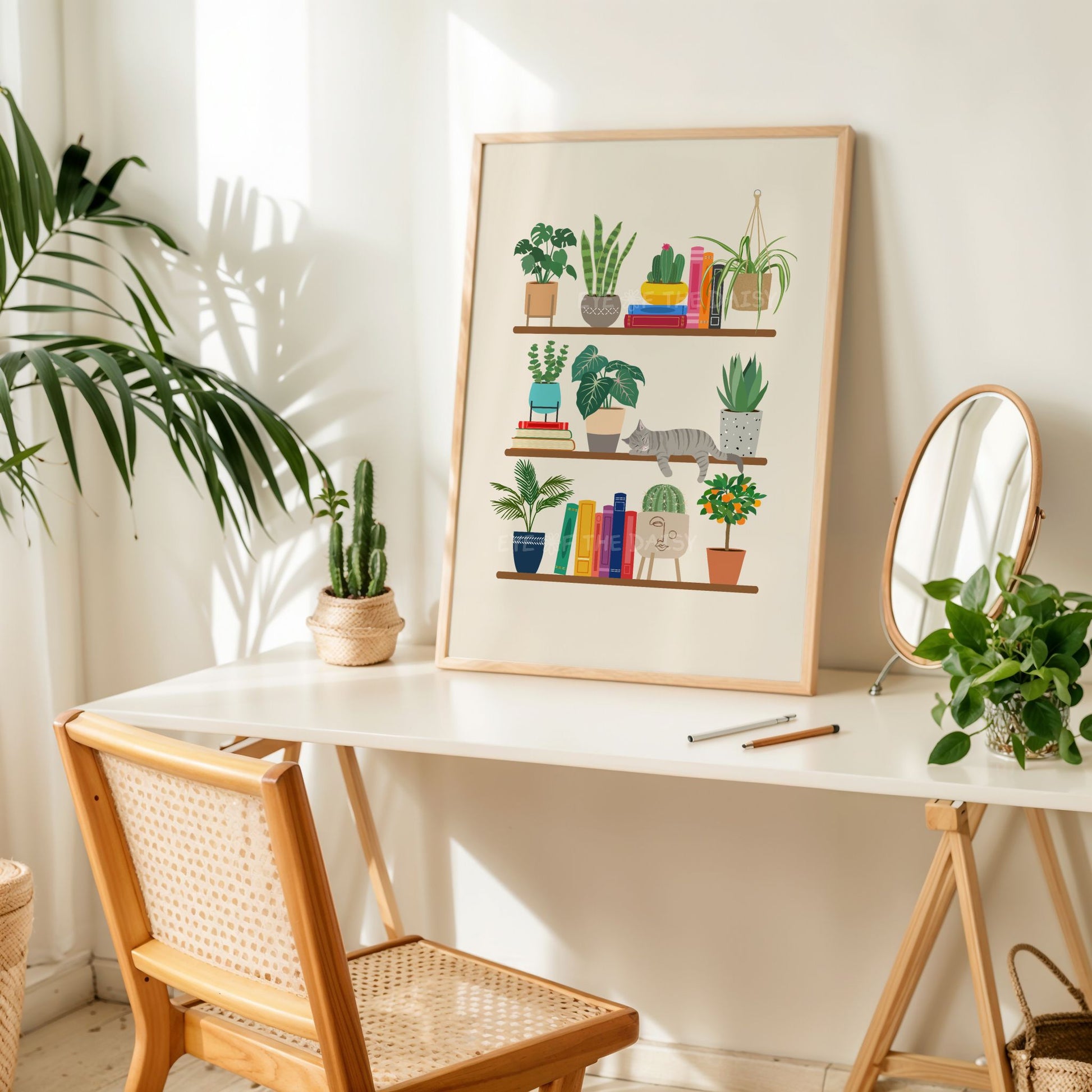 Whimsical cat and books on shelves print – tabby cat digital download with houseplants, fun art poster for desk or home office wall