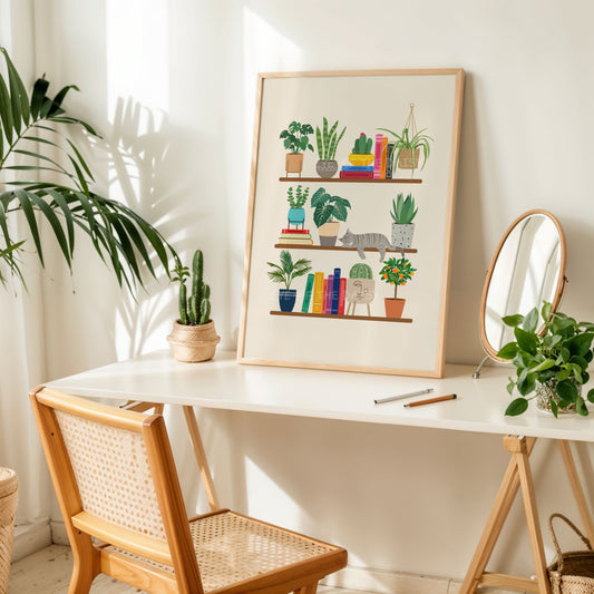 Whimsical cat and books on shelves print – tabby cat digital download with houseplants, fun art poster for desk or home office wall