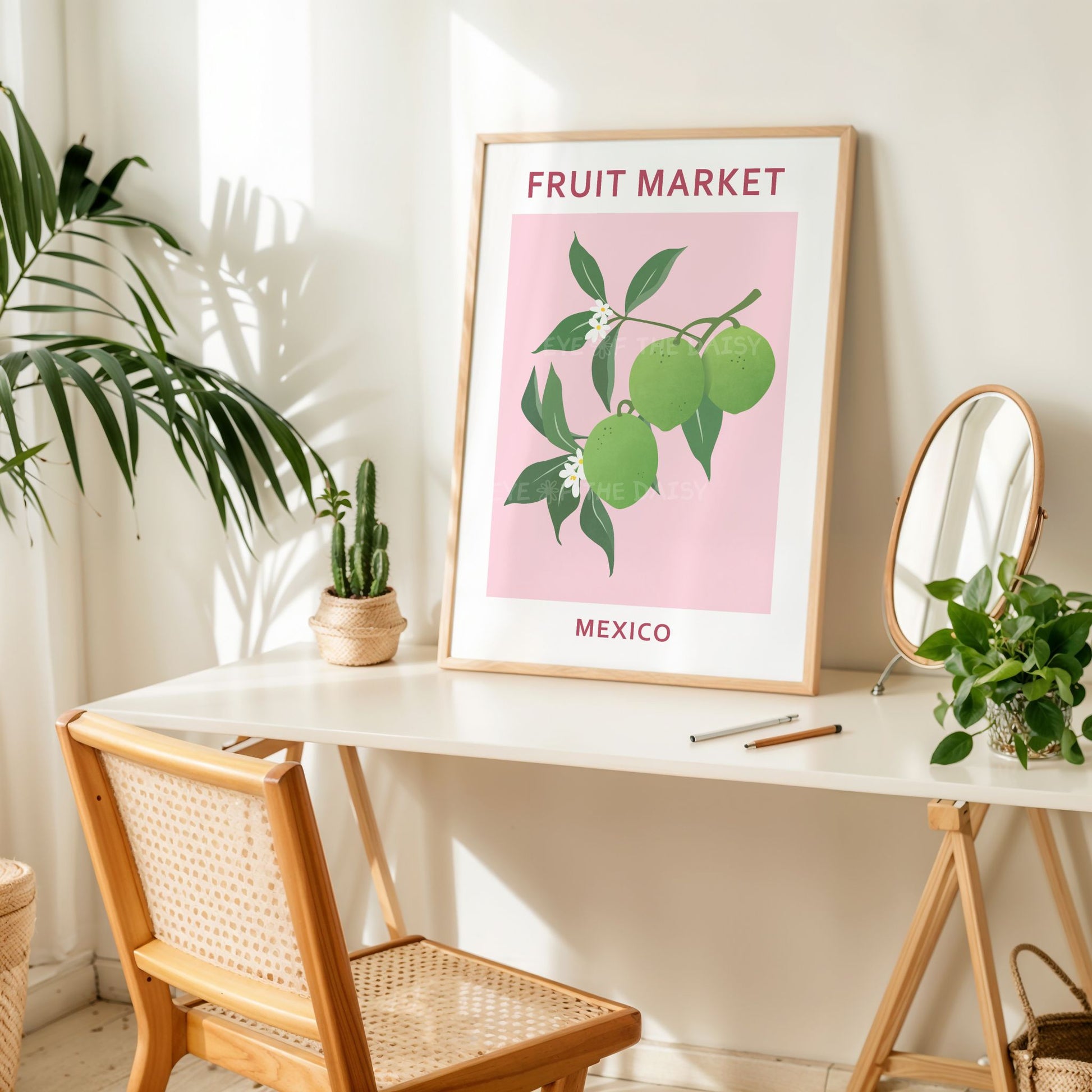 Fruit Market Mexico lime wall art — pastel pink printable poster for fun, colourful vacation rental or vibrant summer kitchen decor