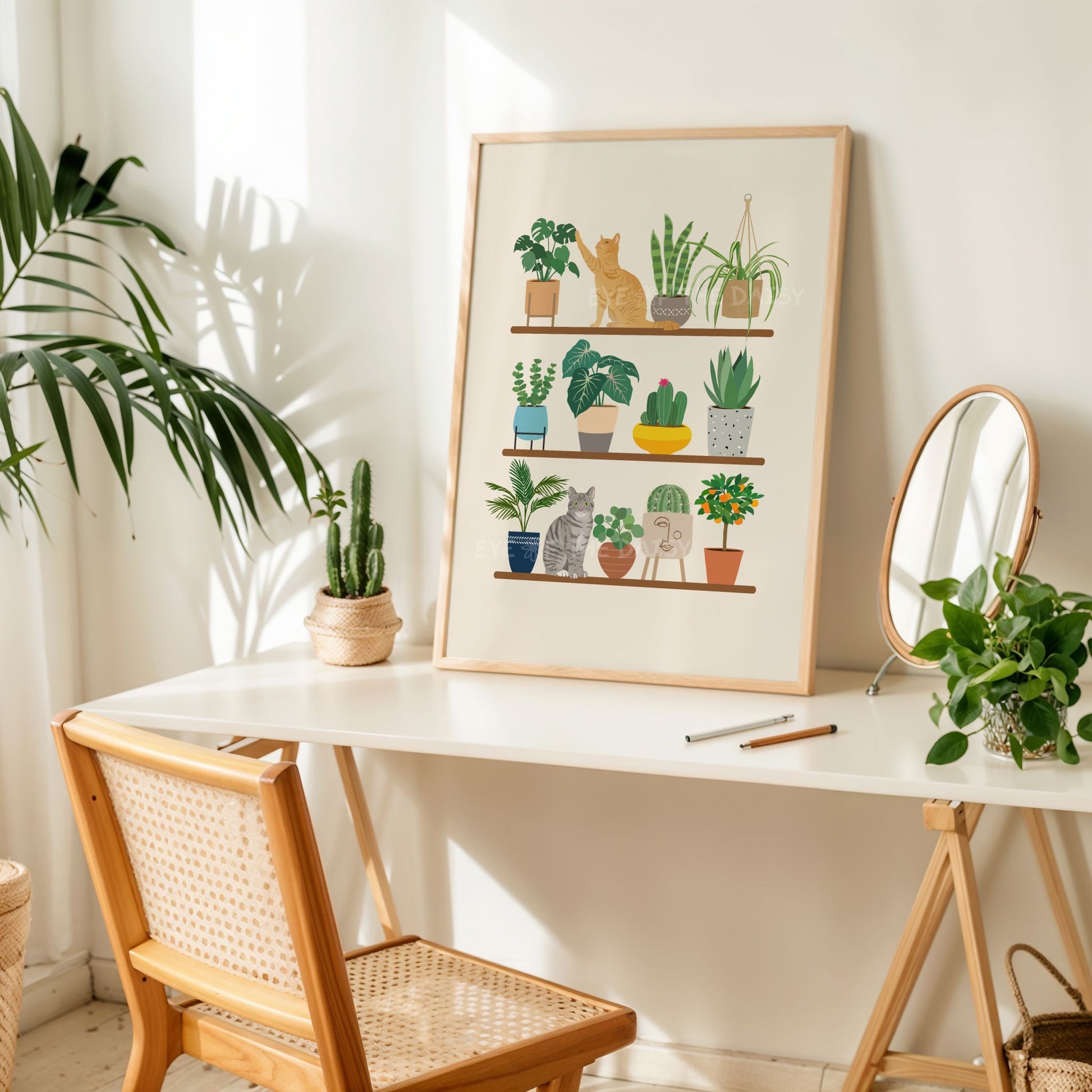 Boho plant and cat wall print – digital poster with ginger and tabby cats on shelf, fun decor for kitchen or nook