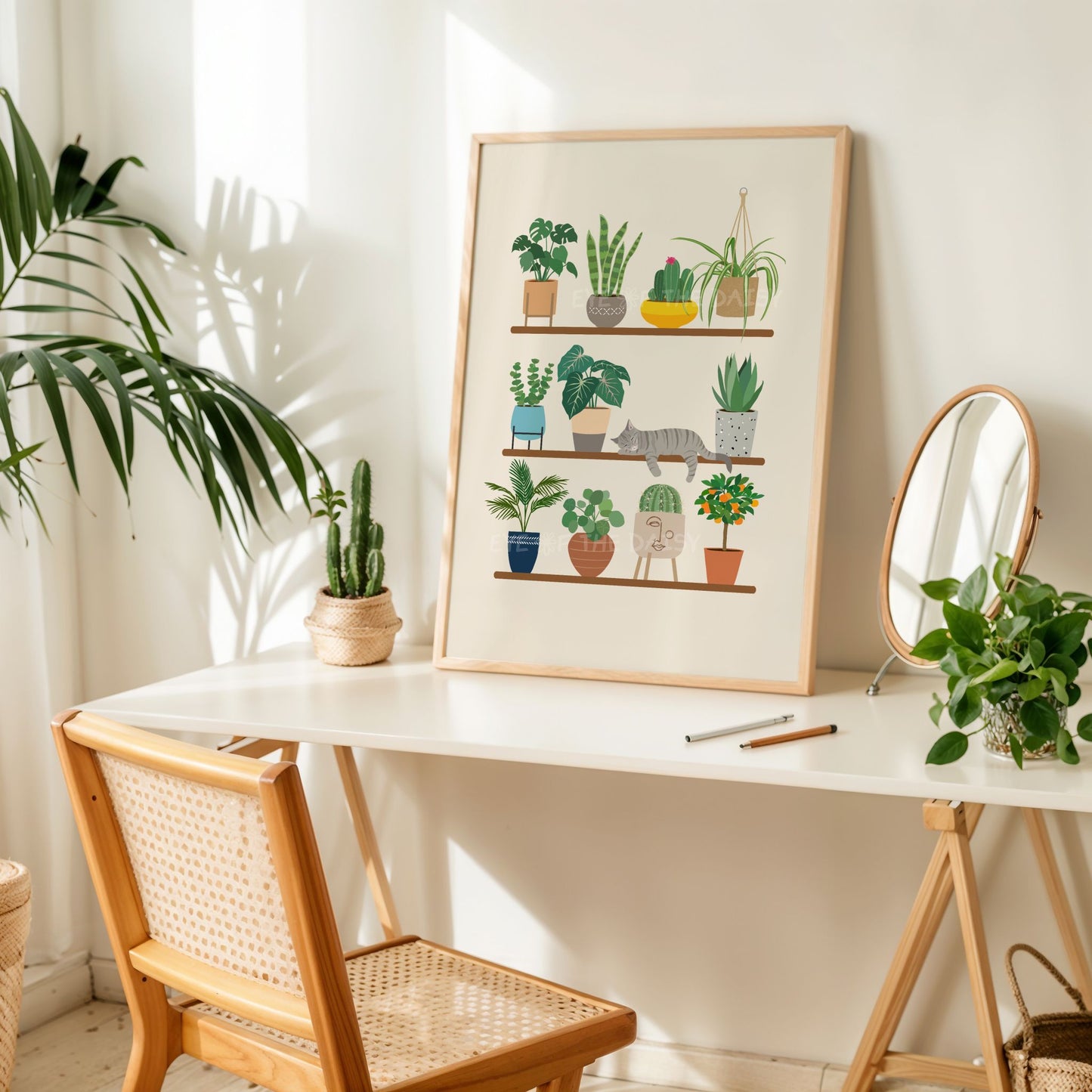 Printable cat and plant artwork – whimsical poster download, perfect for a creative home office or desk wall