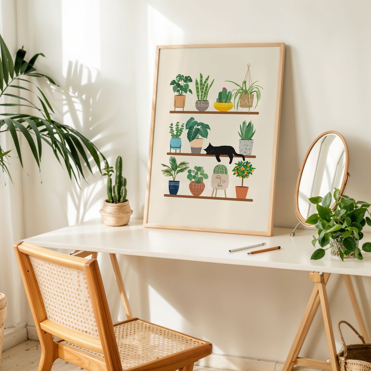 Cat and house plants digital art print, with sleeping black cat and plants in pots on shelves