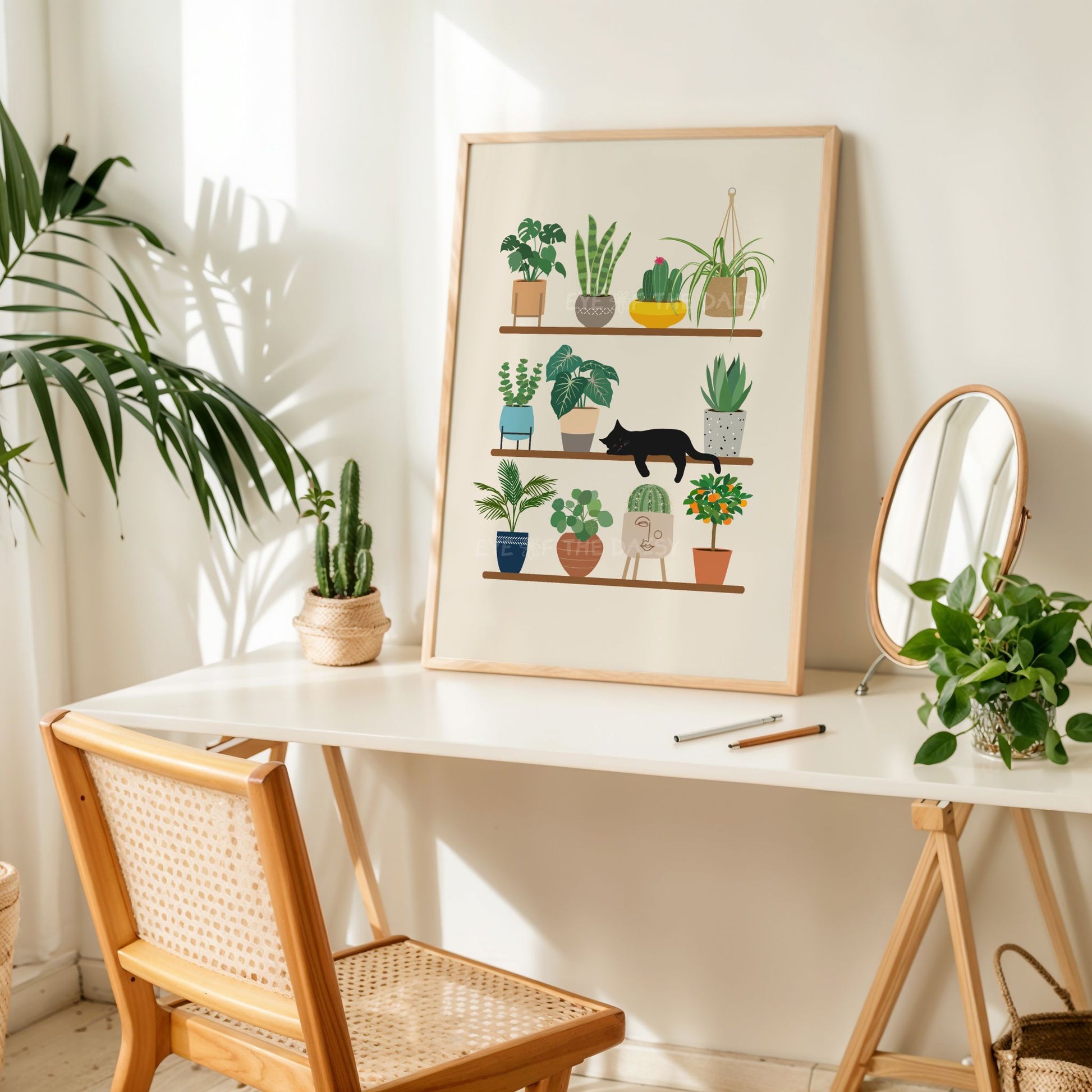 Cat and house plants digital art print, with sleeping black cat and plants in pots on shelves