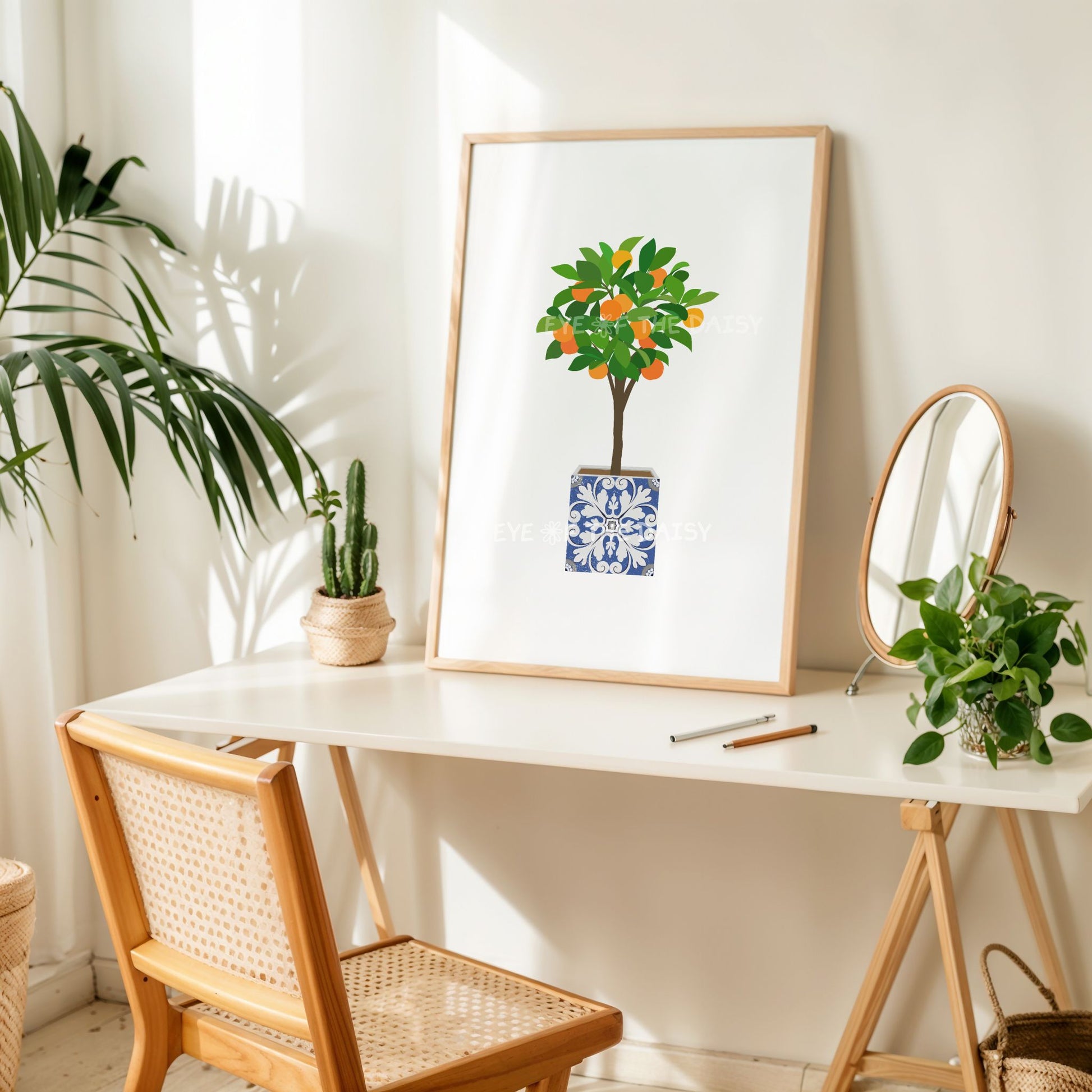 Modern orange tree wall art with blue tile pot – bright botanical downloadable art, minimalist poster perfect for boho home office
