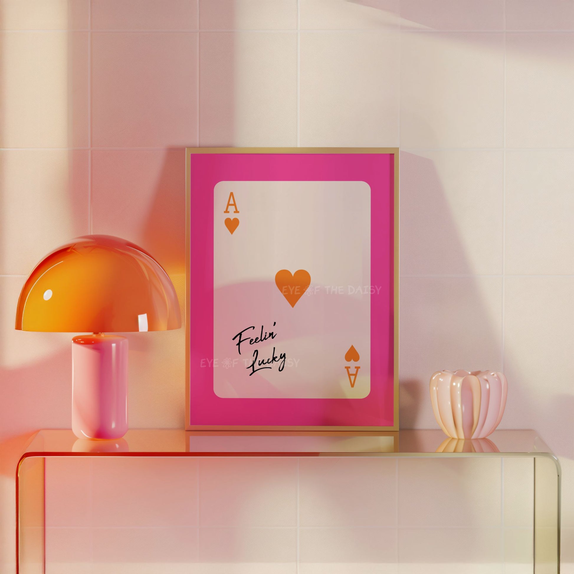 Funky playing card print, with vibrant pink and orange ace of hearts design and "Feelin Lucky" positivity phrase