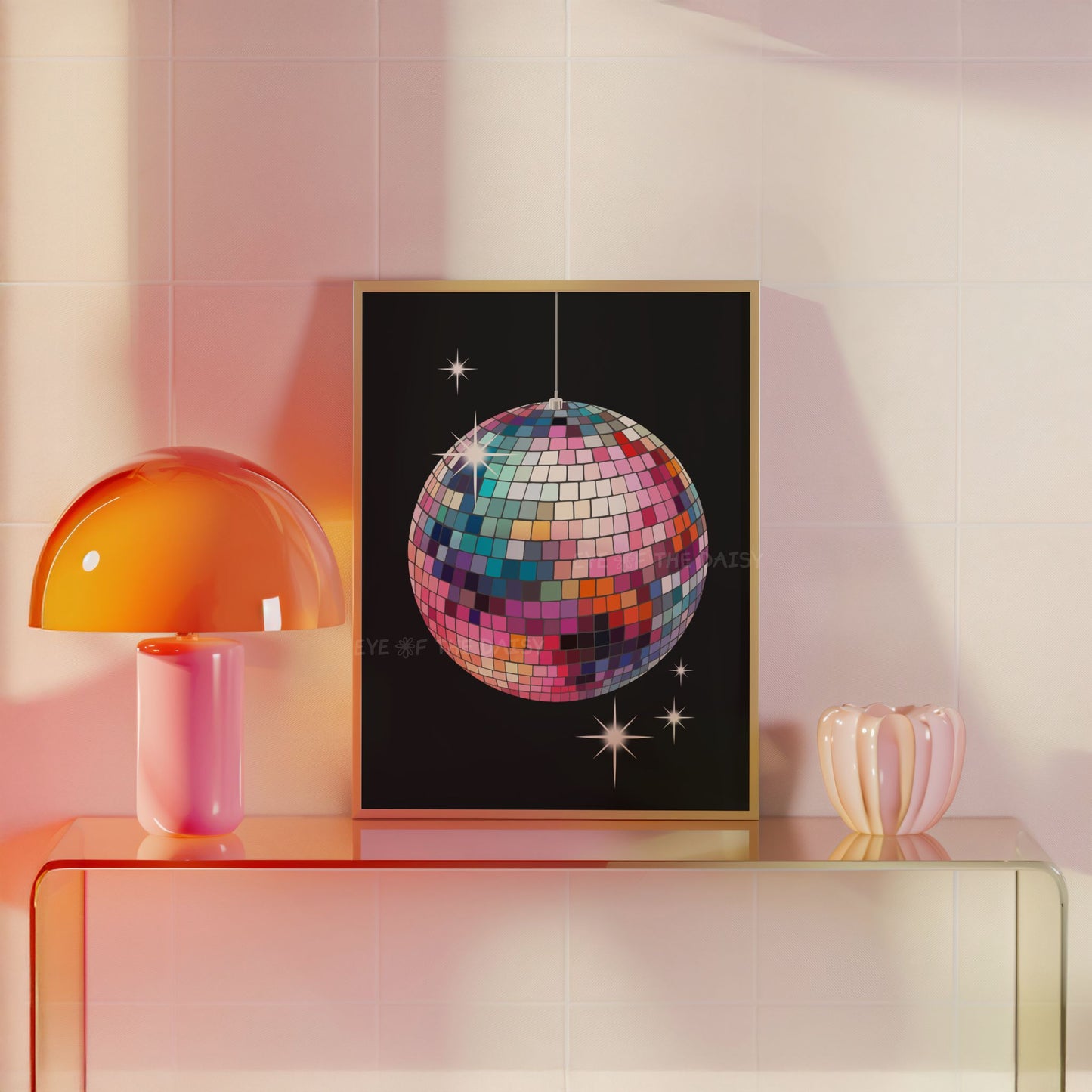 Trendy colorful disco ball poster display in a funky modern apartment living room, cute mirror ball poster