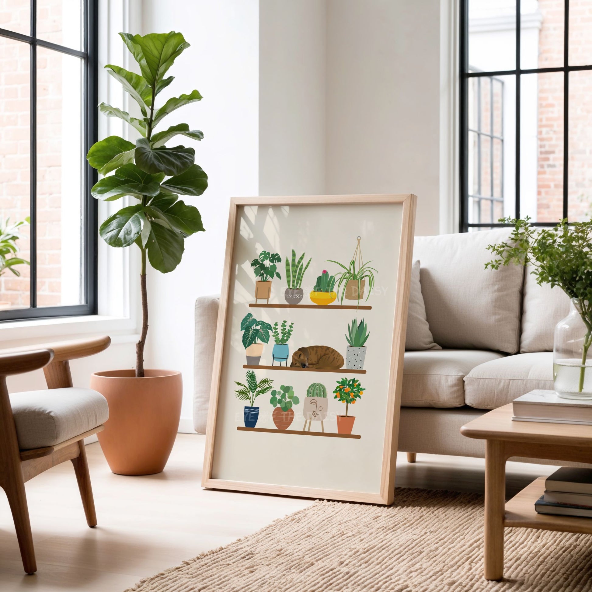 Cozy dog and houseplants poster – boho wall print download, botanical DIY decor for modern homes