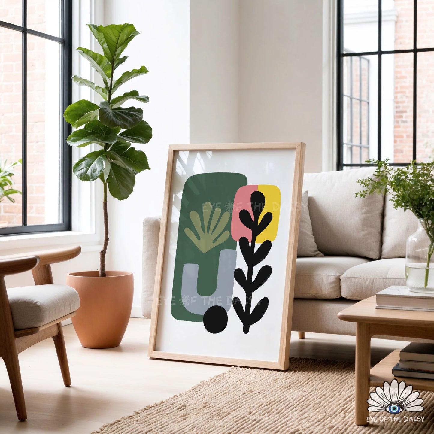 Mid Century Modern Botanical Print Digital Download | Salmon Pink Mustard Green Abstract Printable Art