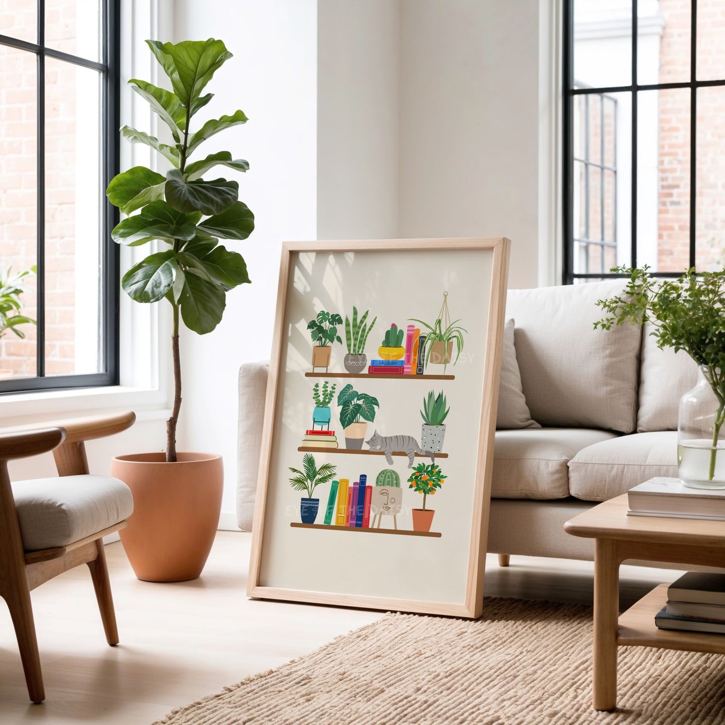 Tabby cat on bookshelf print – colourful houseplant and books digital artwork, bookish printable decor for boho apartments