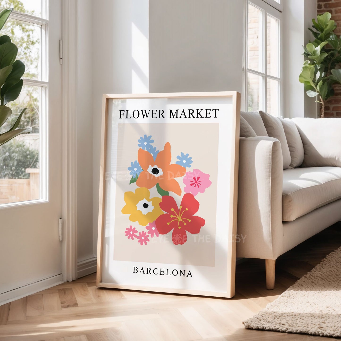 "Flower Market Barcelona" abstract floral digital print with colourful botanical design, displayed in a living room