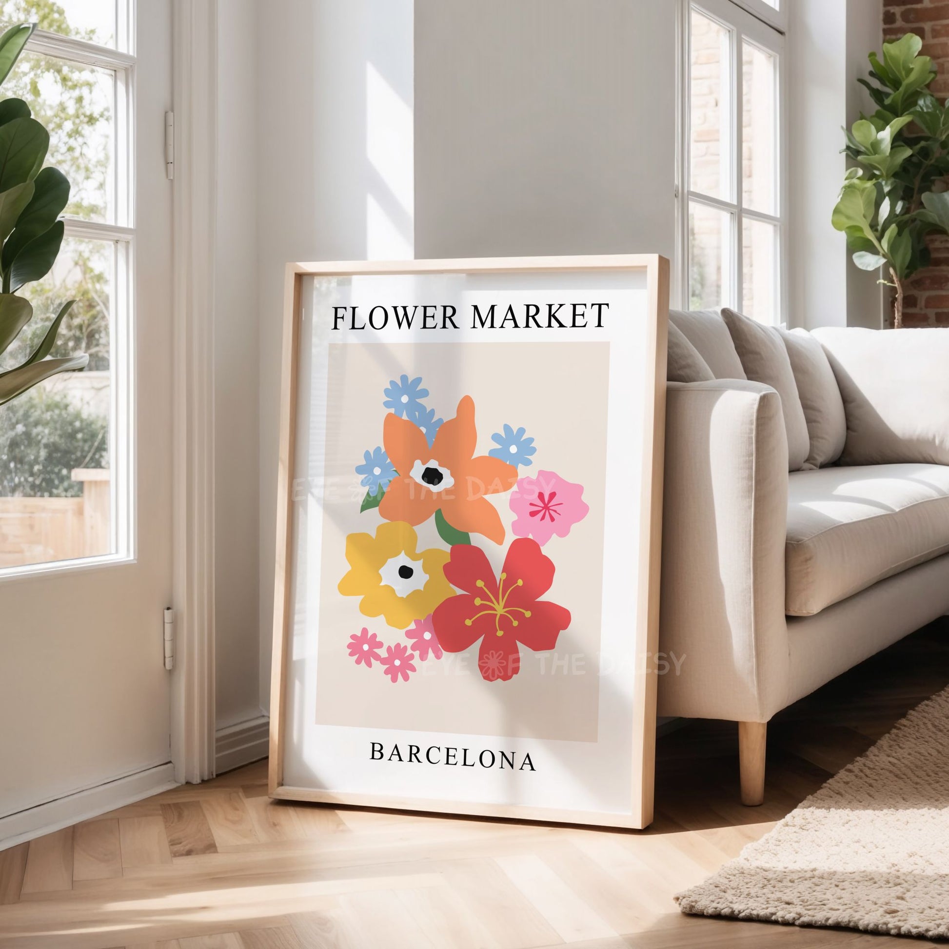 "Flower Market Barcelona" abstract floral digital print with colourful botanical design, displayed in a living room