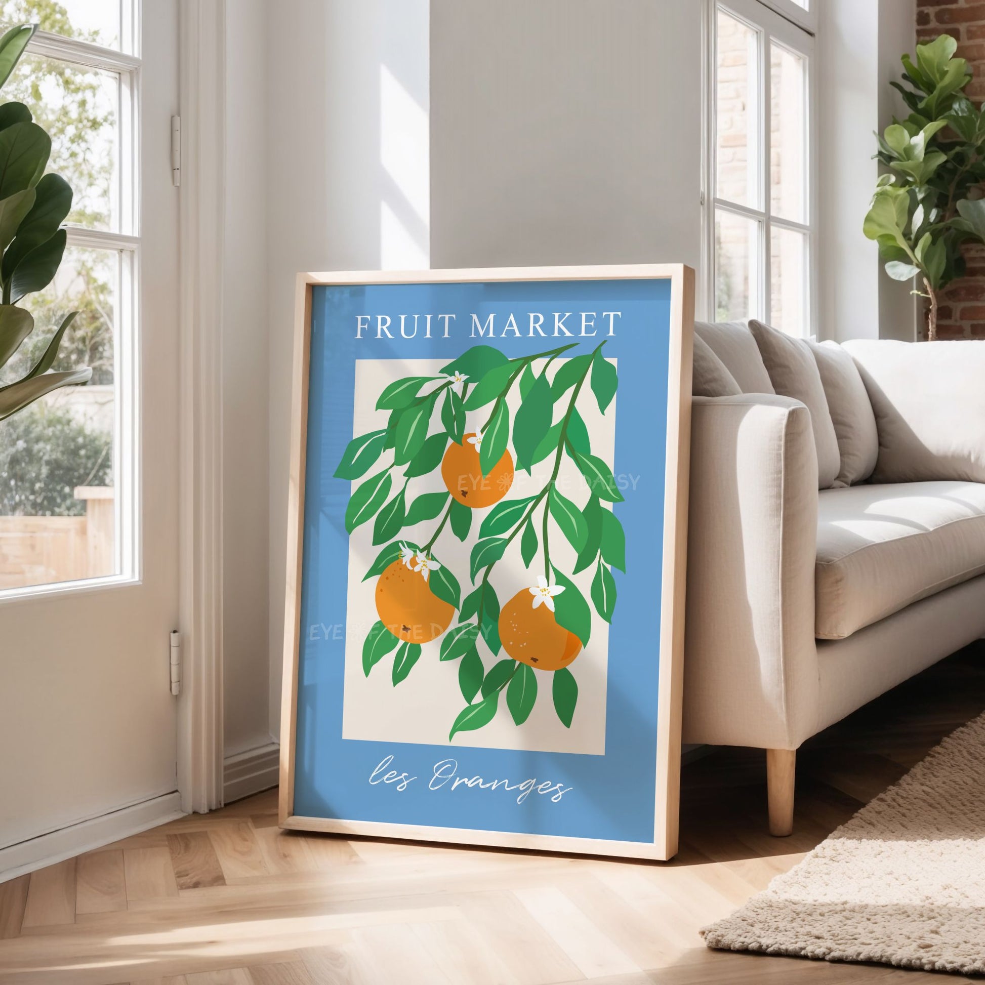 Abstract orange tree wall print with 'Fruit Market' text in a living room - perfect for cute kitchen gallery wall and summer vibes