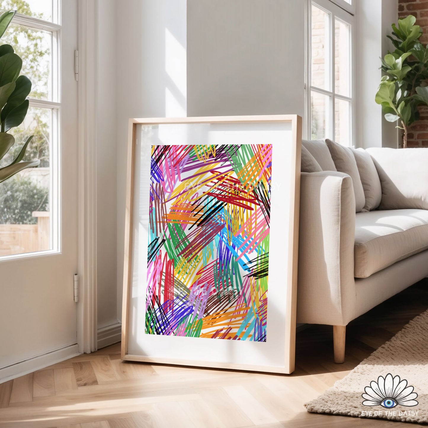 Bright modern abstract downloadable art with colorful scribbles, printable poster for contemporary interiors, home offices and living rooms