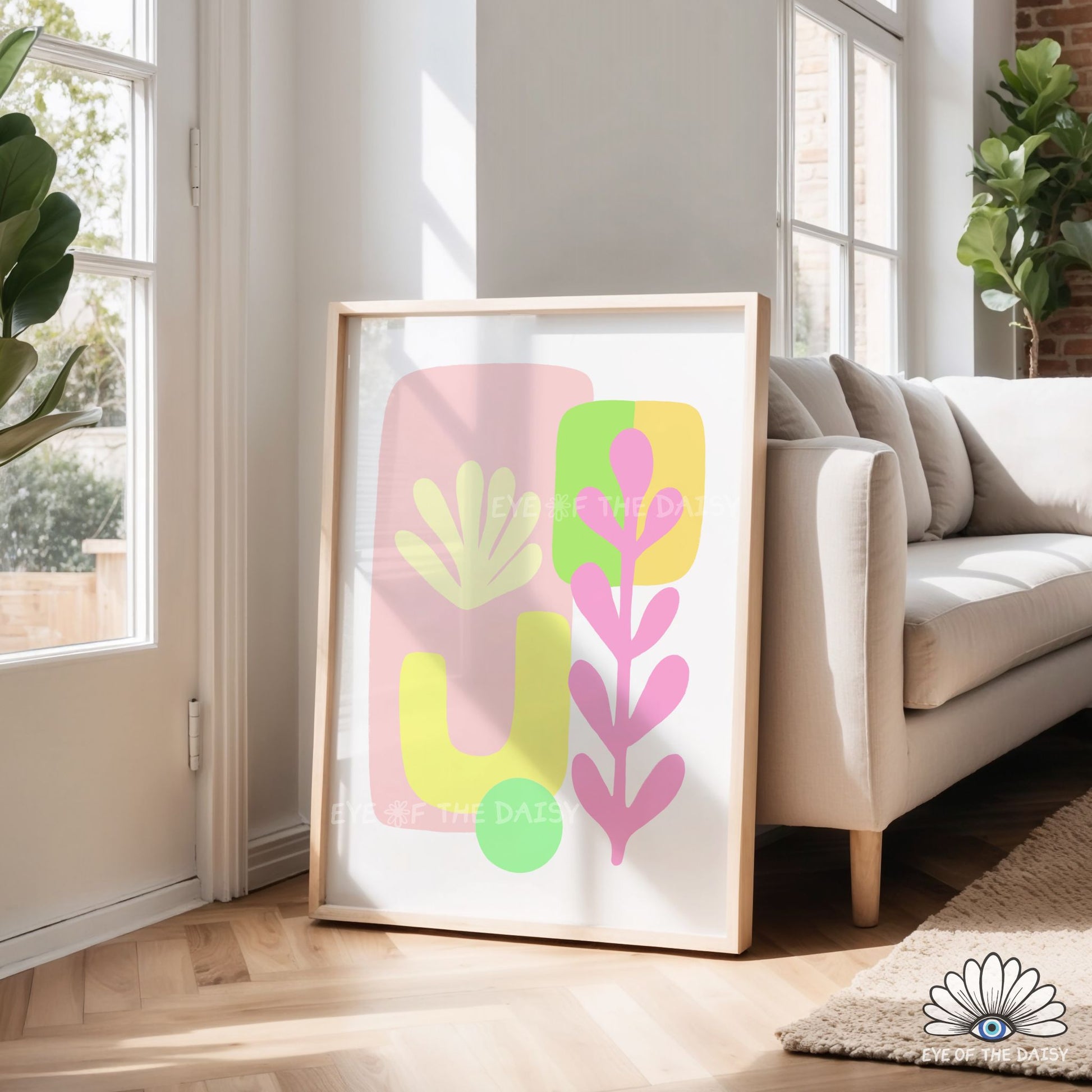 Bright pastel abstract botanical poster digital download, modern contemporary wall art adding joyful color to living space