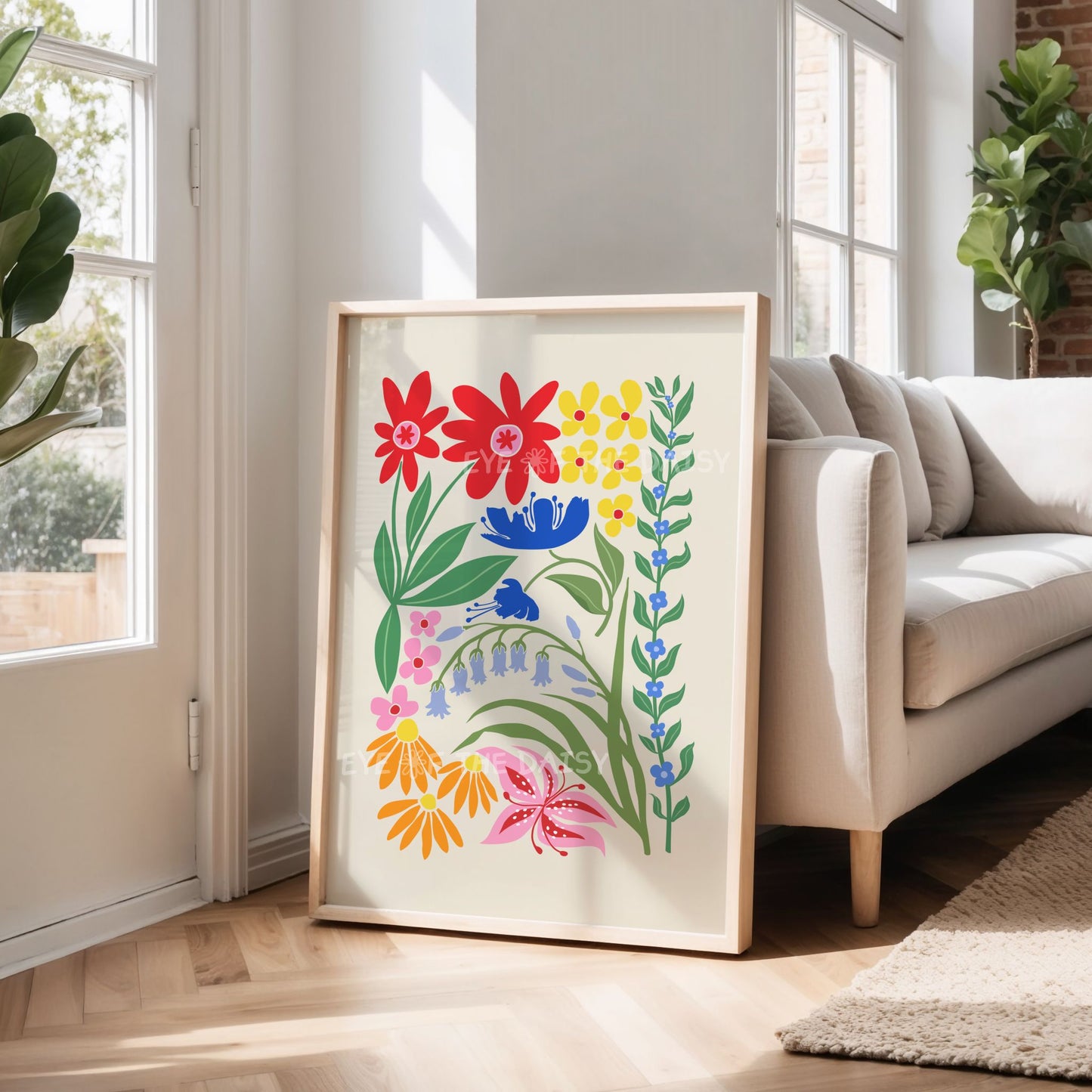 Vibrant modern botanical print with bright red, blue, yellow, orange and pink flowers, perfect for fun contemporary living room decor