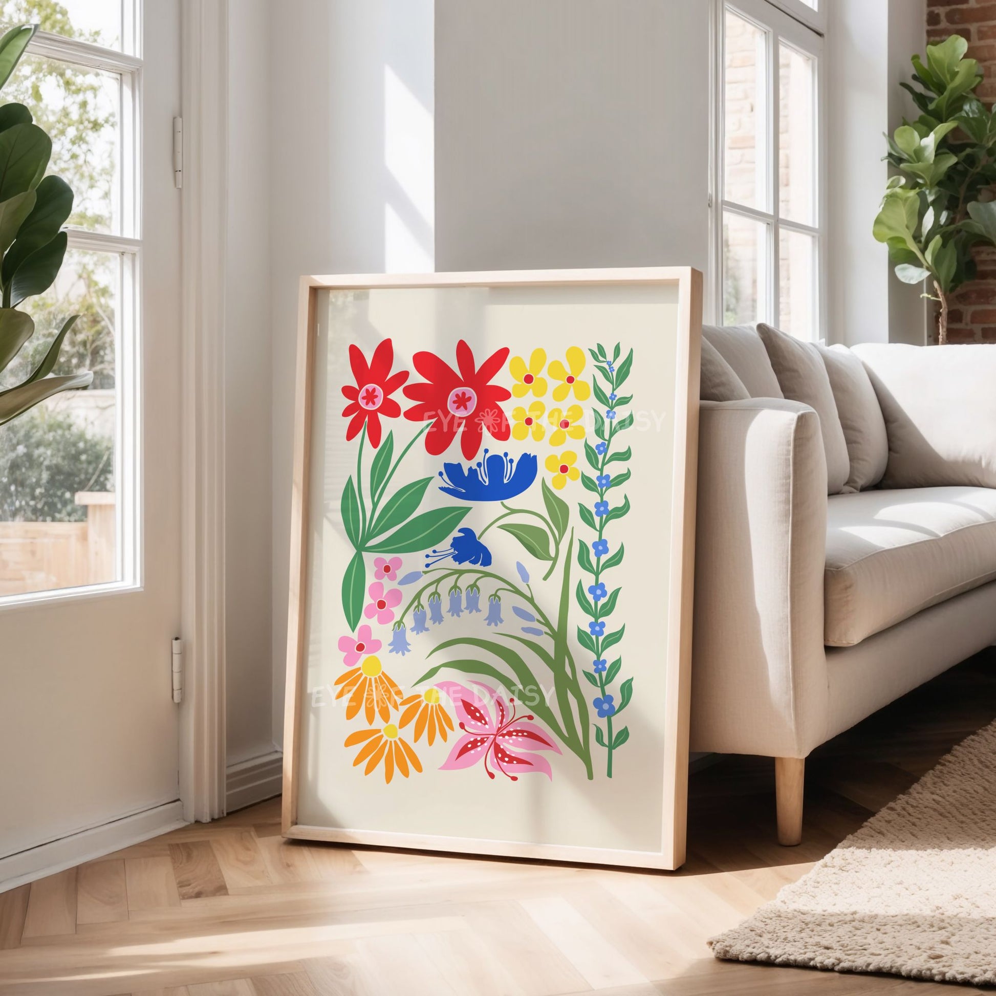 Vibrant modern botanical print with bright red, blue, yellow, orange and pink flowers, perfect for fun contemporary living room decor