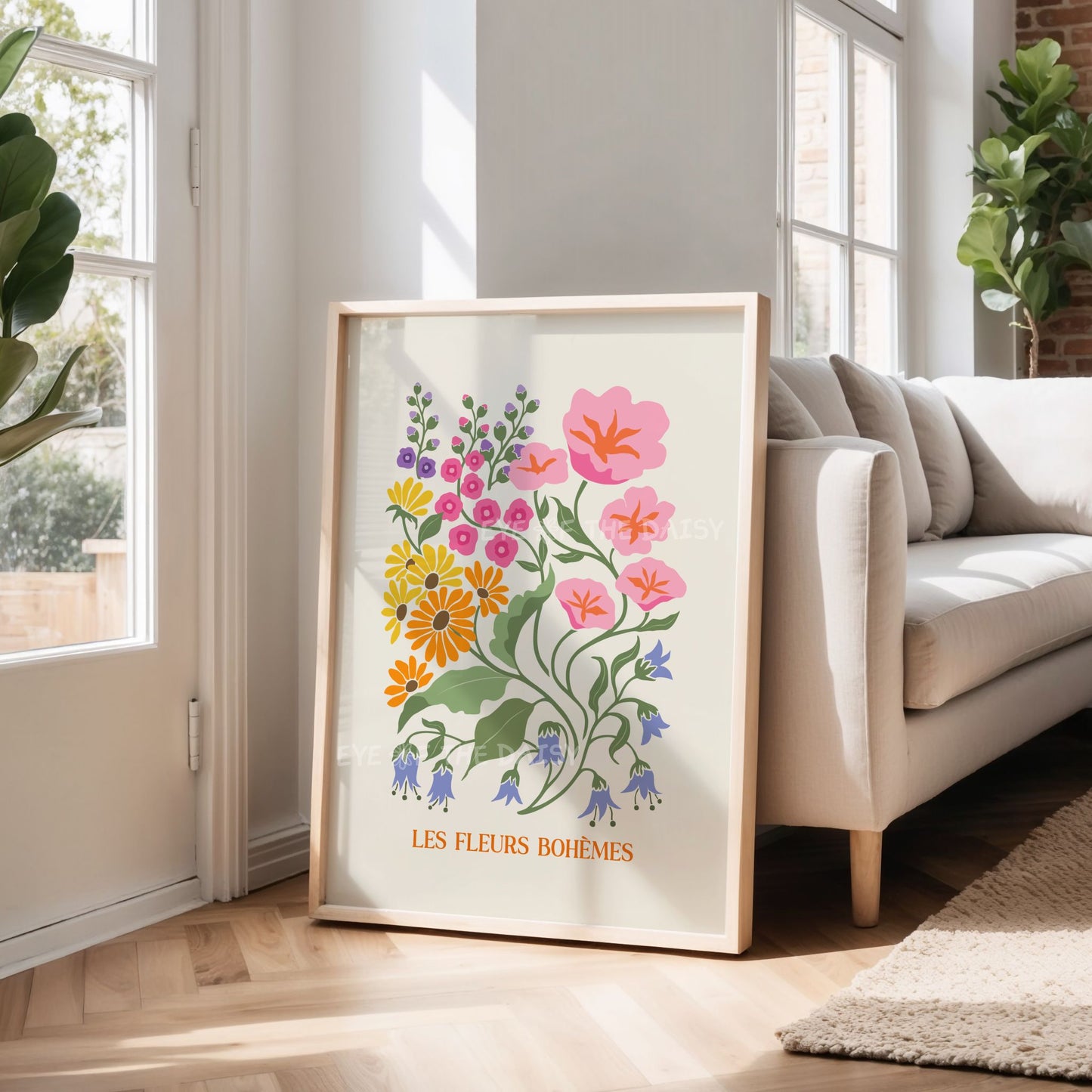 Multi-colored floral downloadable art print titled 'Les Fleurs', great DIY wall decor for a boho living room