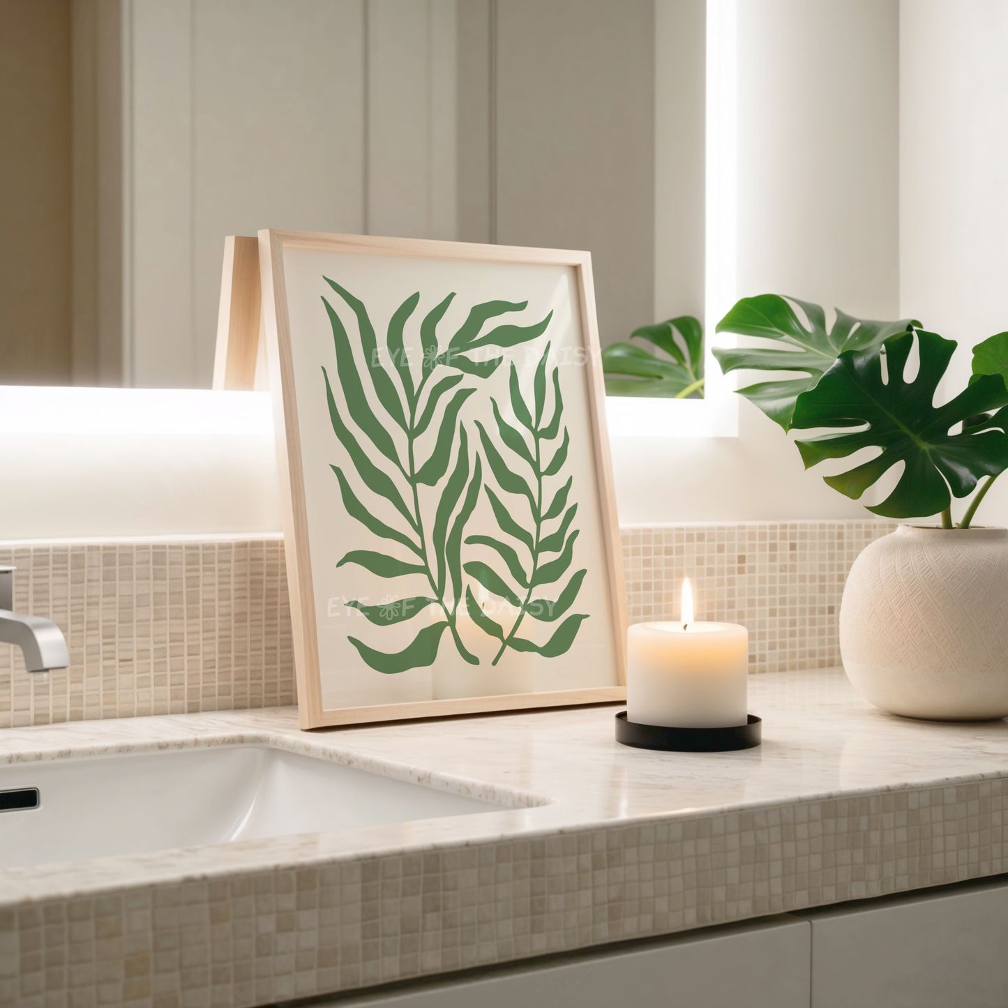 Abstract botanical palm leaf printable wall art in green and beige, digital art print download for modern boho bathroom