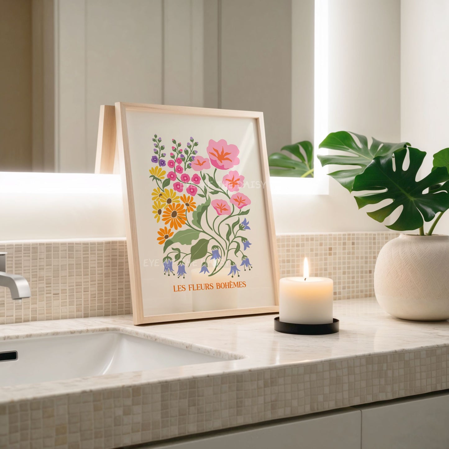 Boho abstract floral poster in pink, orange, yellow, purple and green on beige, cute flowers printable wall art download