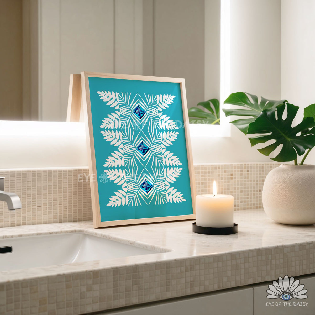 abstract turquoise botanical illustration printable, modern tribal inspired artwork for bathroom or hallway