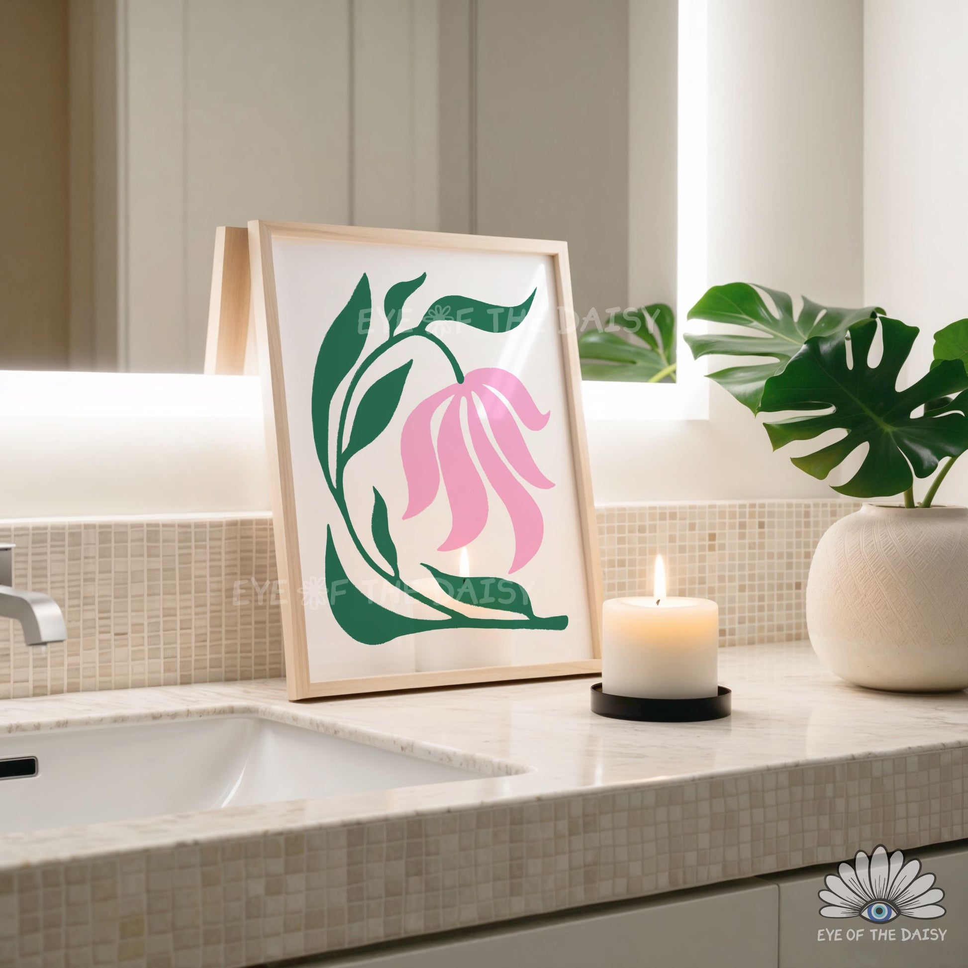 playful abstract flower illustration printable, pastel dopamine decor artwork for bathroom print