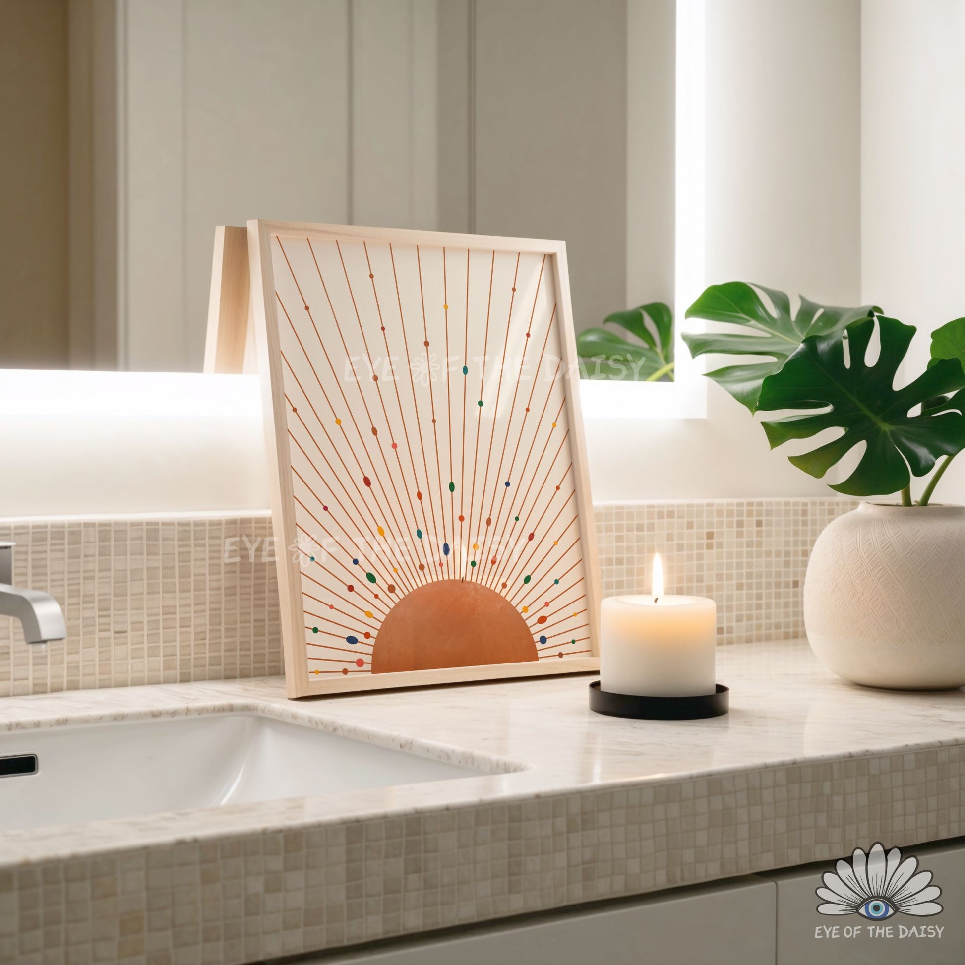 Modern boho terracotta and colorful sun printable art print, natural bathroom wall art