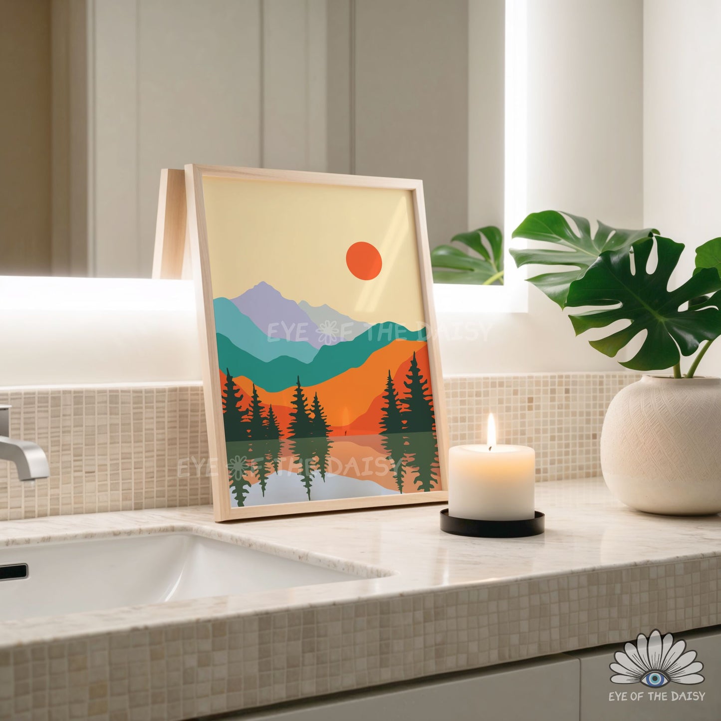 Vibrant bathroom print, minimal bright colors mountains printable wall art for bathroom decor