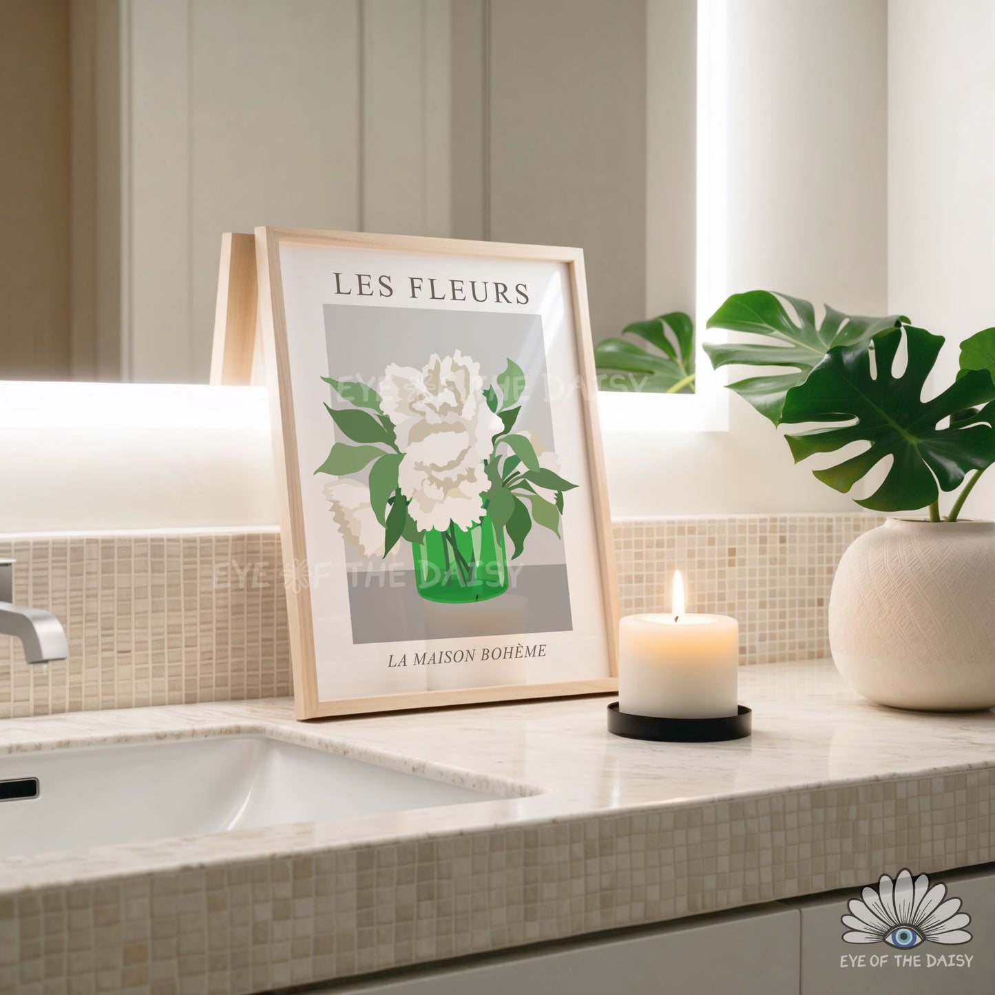 Modern floral printable wall art, white bouquet of flowers print digital download for contemporary bathroom decor