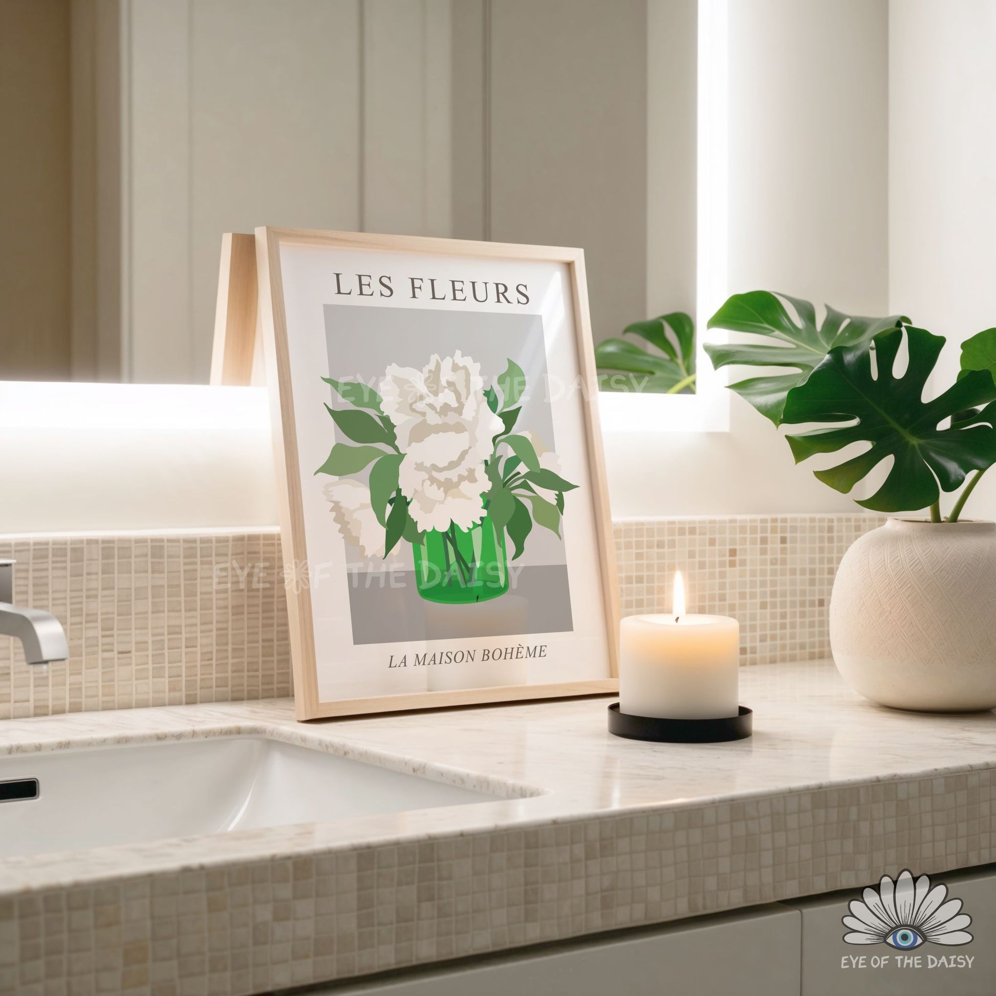 Modern floral printable wall art, white bouquet of flowers print digital download for contemporary bathroom decor