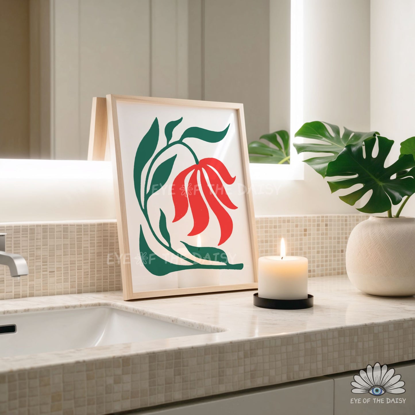 playful flower illustration printable wall art, colourful modern botanical art print for fun bathroom decor
