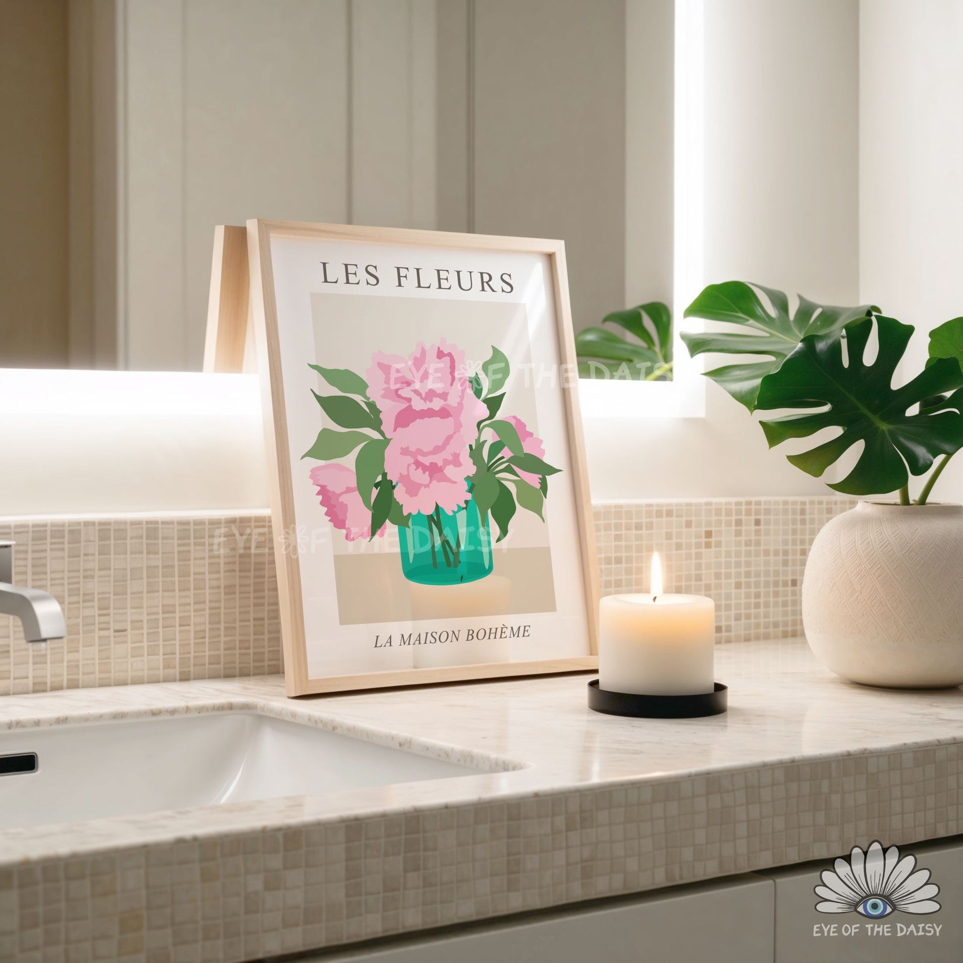 Modern floral printable wall art, natural bathroom wall art print