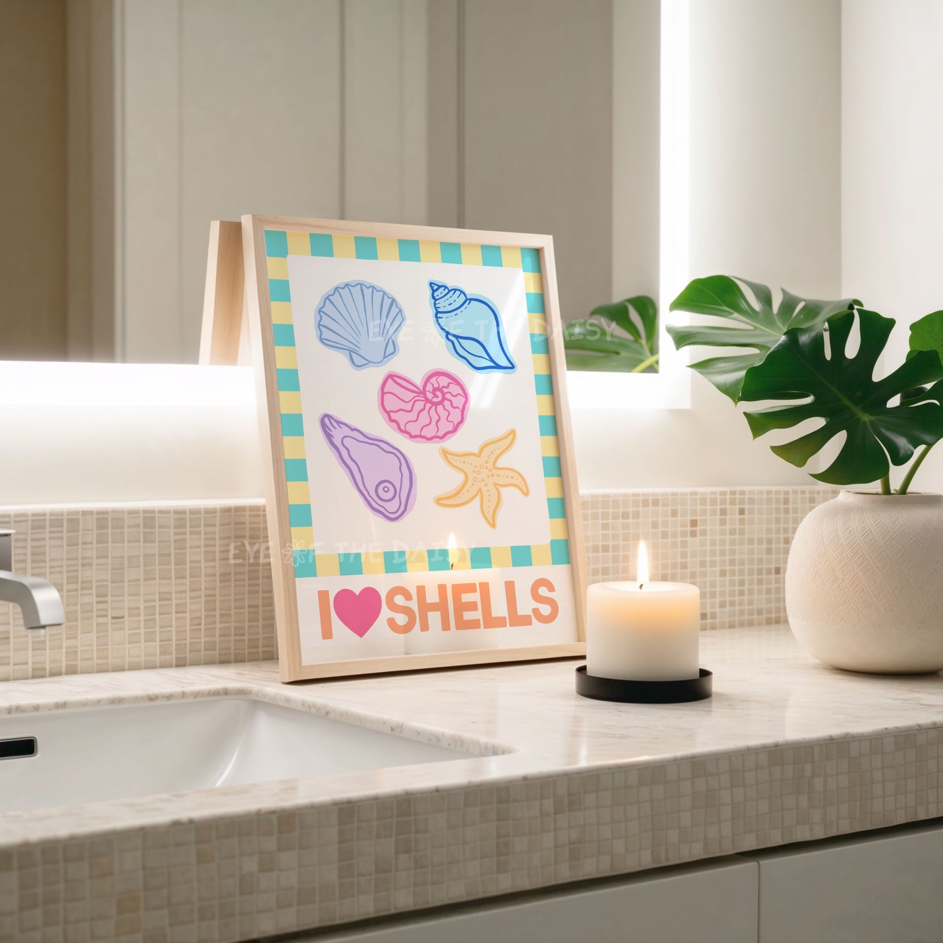 Beachy shell art print in vibrant summer colors – printable poster for beach house wall decor, digital download coastal wall print