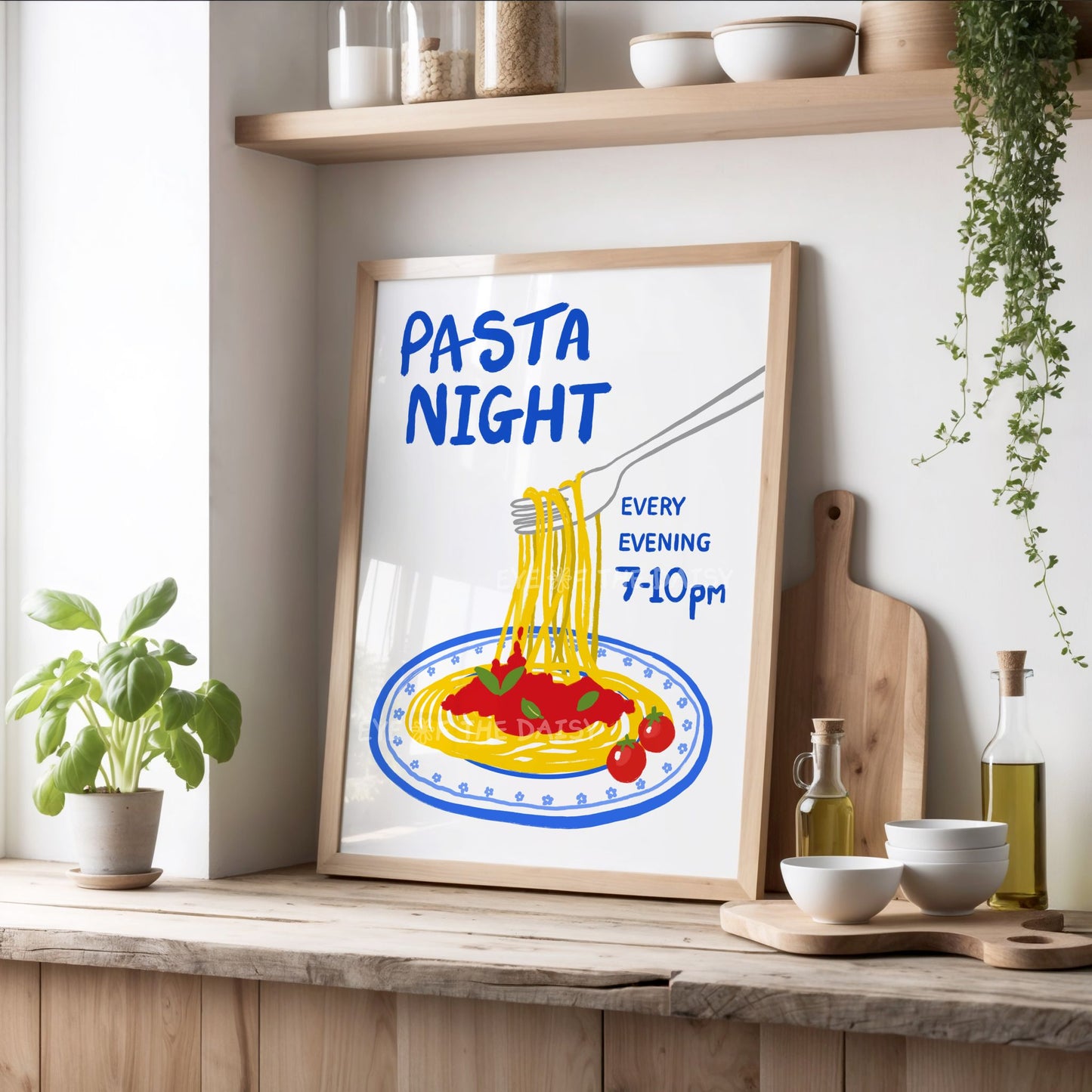 Bright blue, yellow, red "pasta night" art print leaning against a kitchen wall, the artwork is of a hand drawn contemporary illustration of spaghetti on a plate being twizzled by a fork