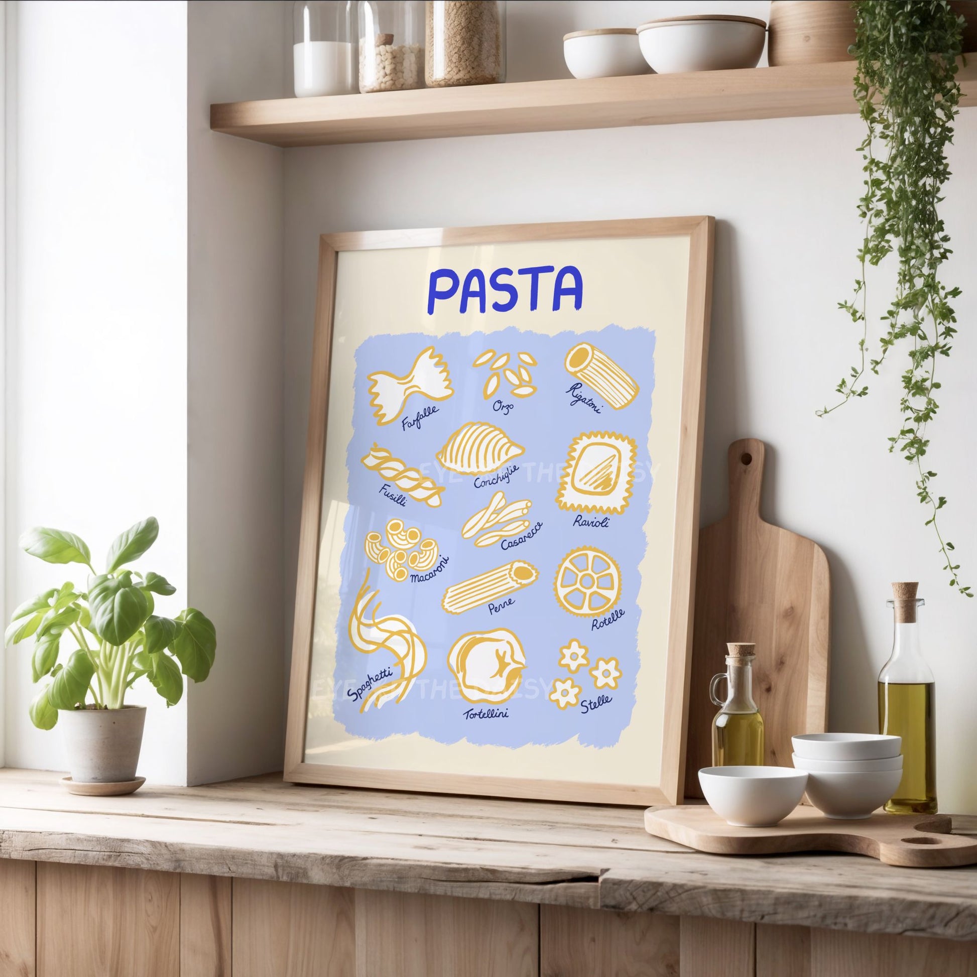 Hand drawn trendy art print of pasta type illustrations in a modern kitchen, pasta guide printable wall art