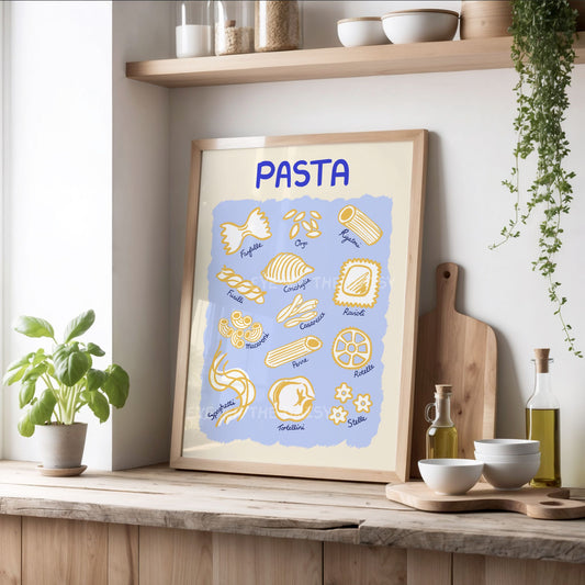 Hand drawn trendy art print of pasta type illustrations in a modern kitchen, pasta guide printable wall art