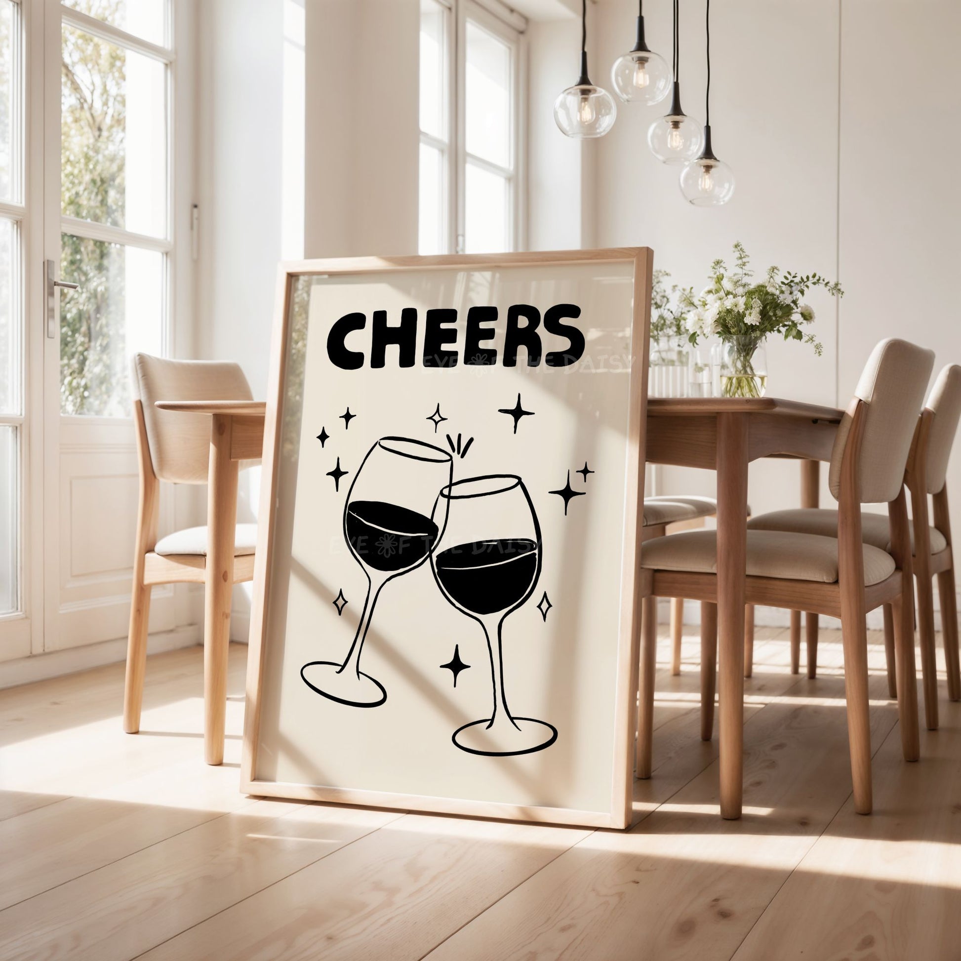 Cheers printable poster, boho dining room wall décor, quirky dinner party print for stylish gallery wall