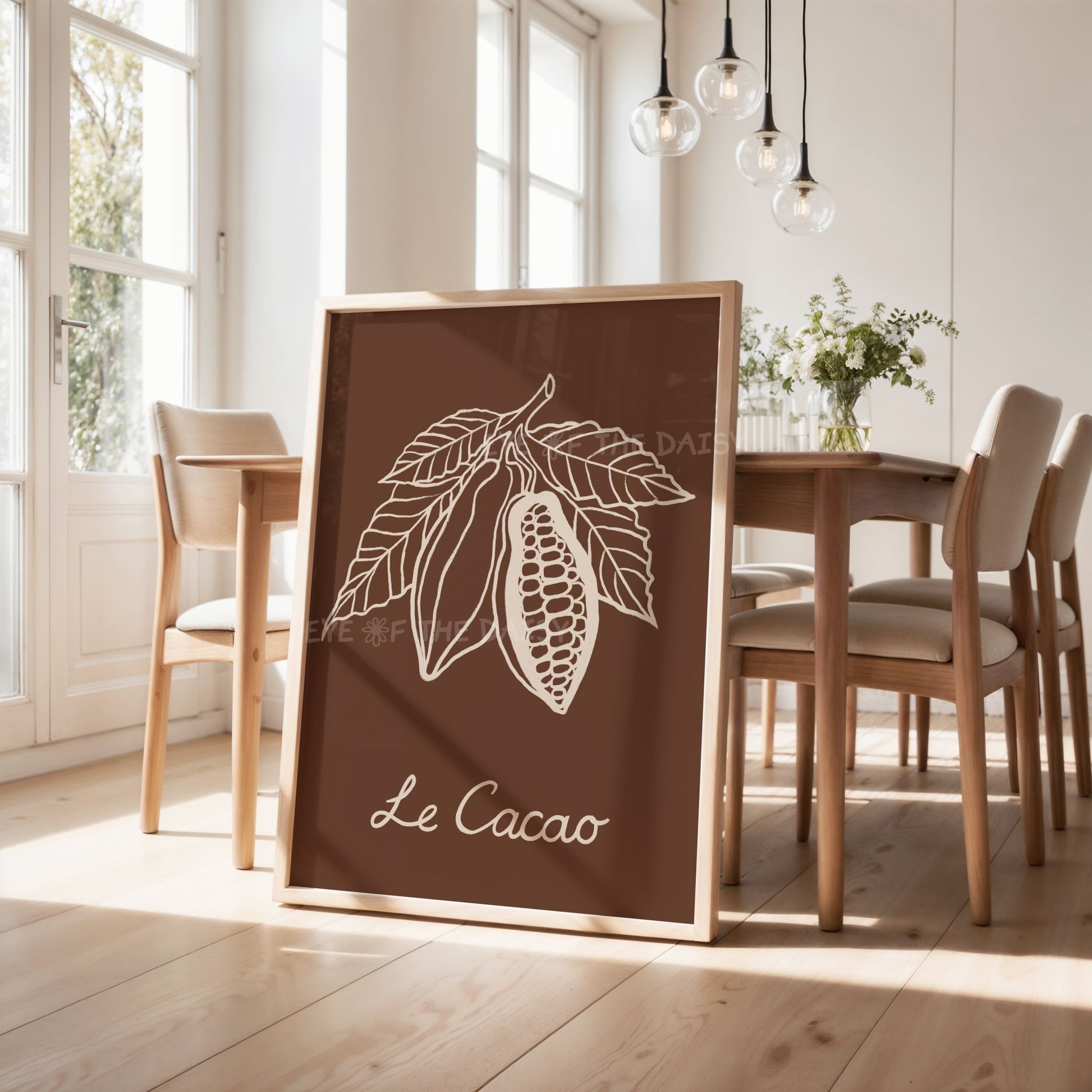 Cocoa botanical illustration on dark brown background, elegant dining room wall art