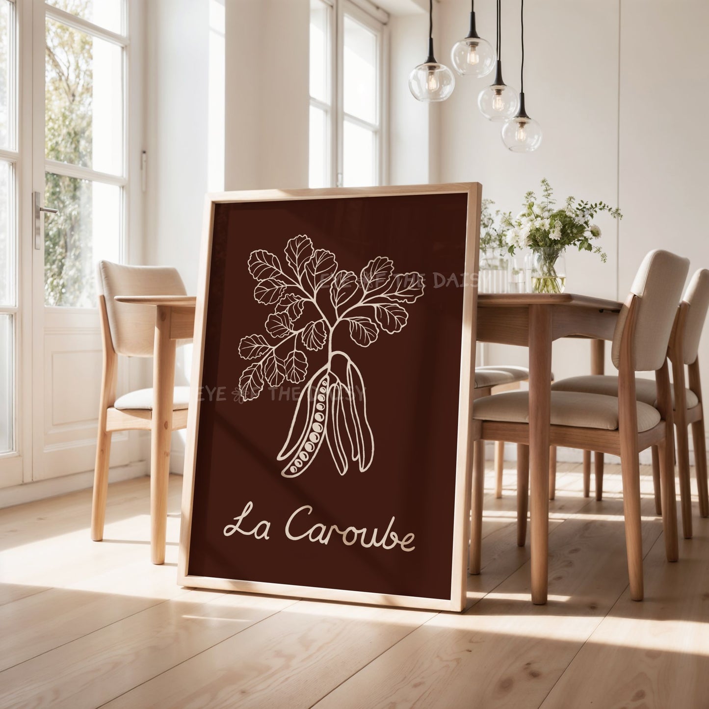 Hand drawn sketch carob botanical print, modern brown wall décor for kitchen or boho dining room
