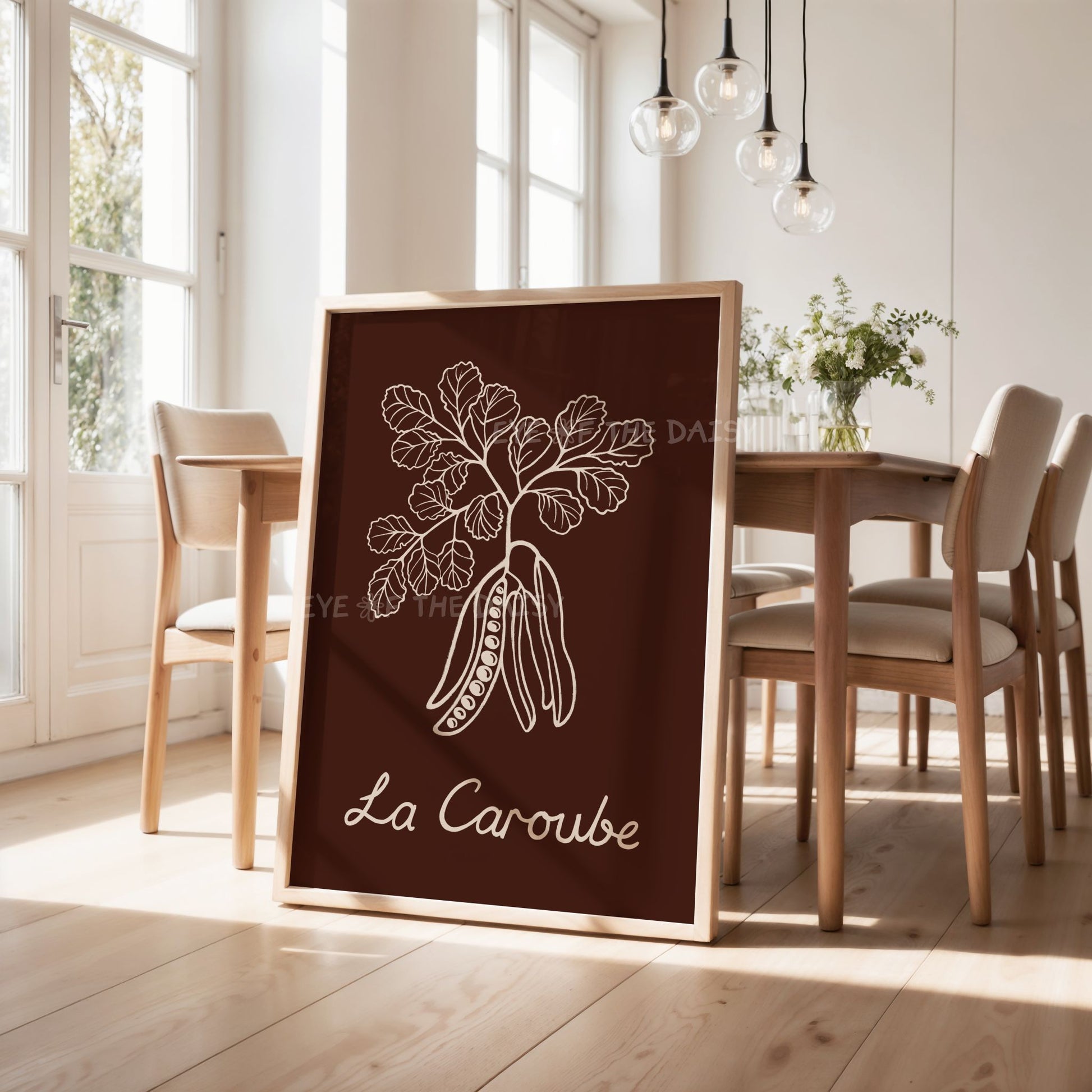 Hand drawn sketch carob botanical print, modern brown wall décor for kitchen or boho dining room