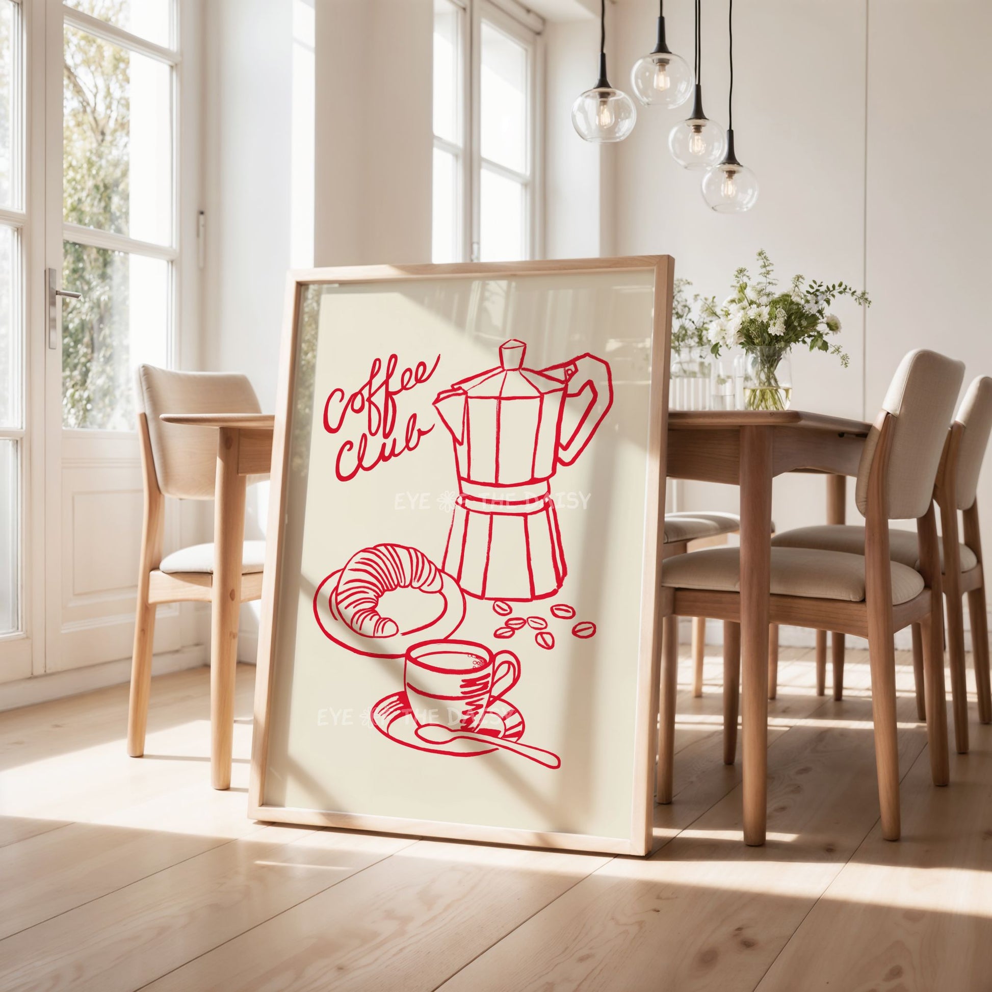 Fun kitchen "Coffee Club" wall art print showing a line drawing of a Moka pot, coffee cup and croissant, perfect coffee lover gift
